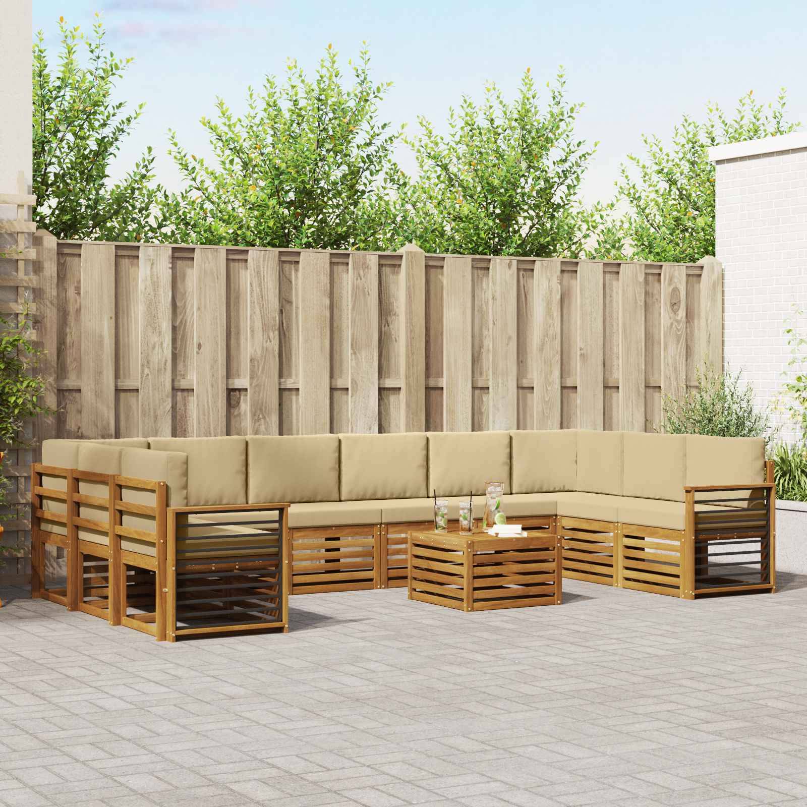 vidaXL Ecksofa Set mit Kissen 11 pcs Natur und Beige Massivholz Akazie