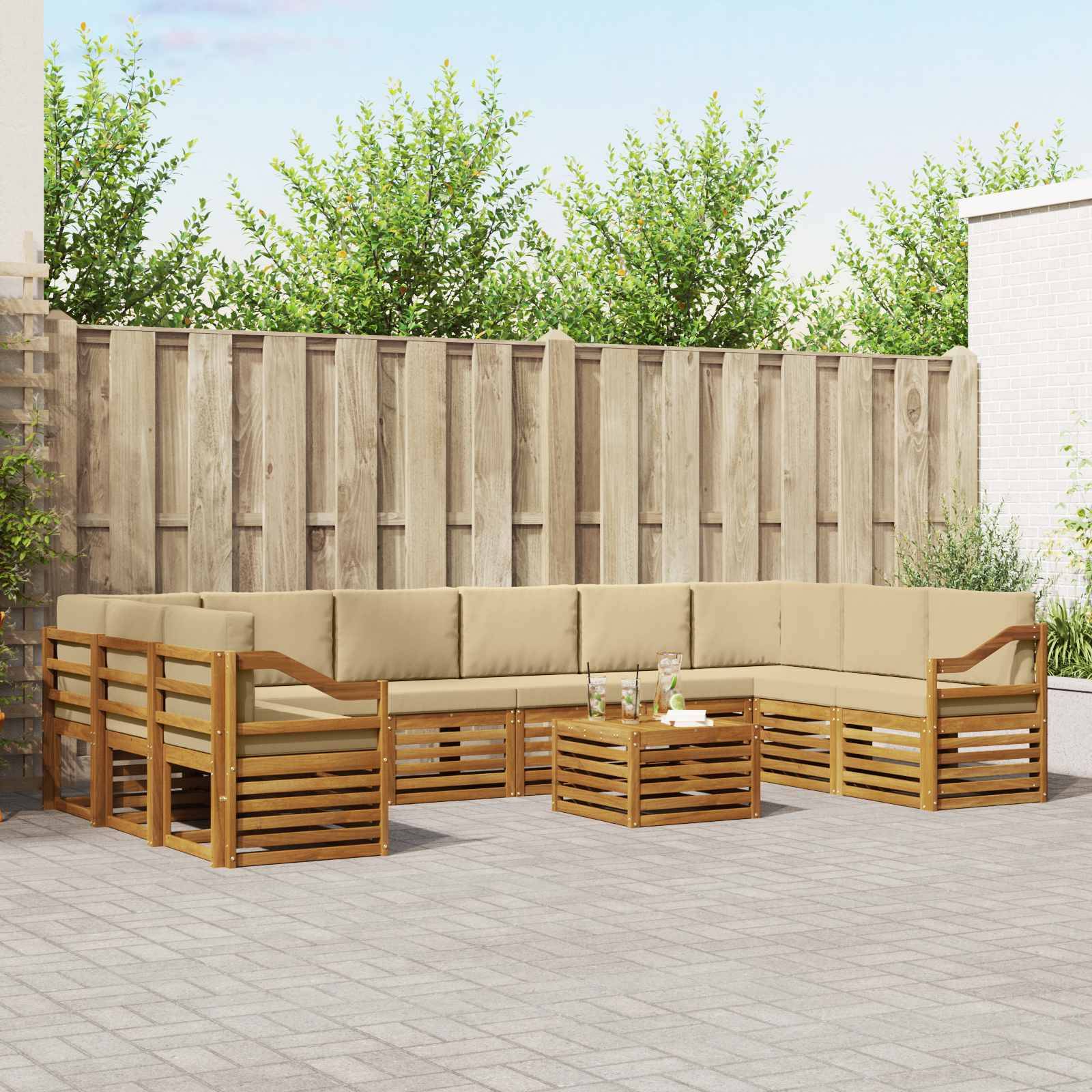 vidaXL Ecksofa Set mit Kissen 11 pcs Natur und Beige Massivholz Akazie