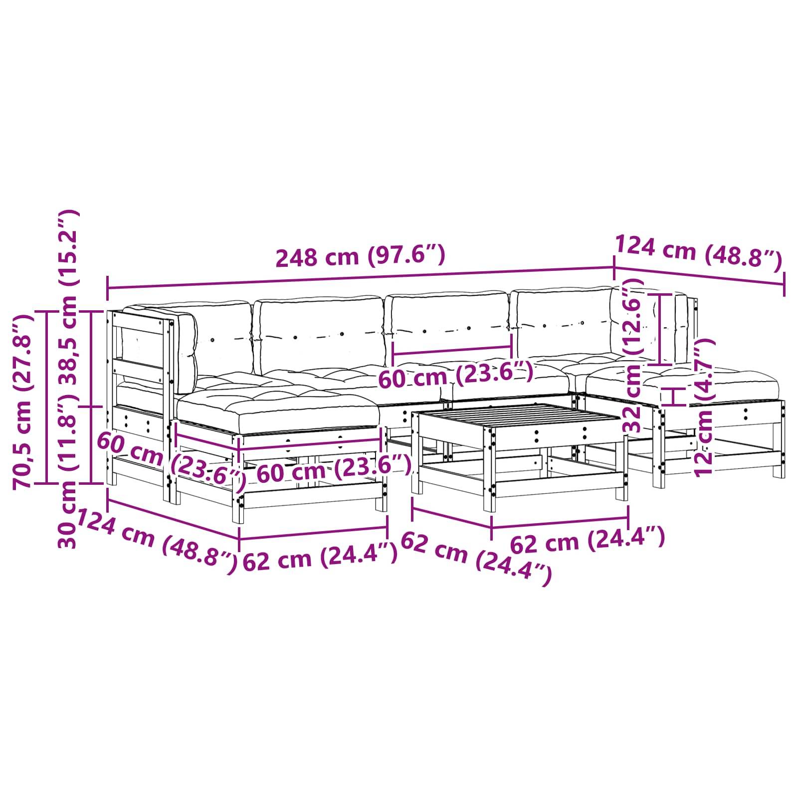 vidaXL Garten-Lounge-Set 7 pcs Wachsbraun Massives Kiefernholz
