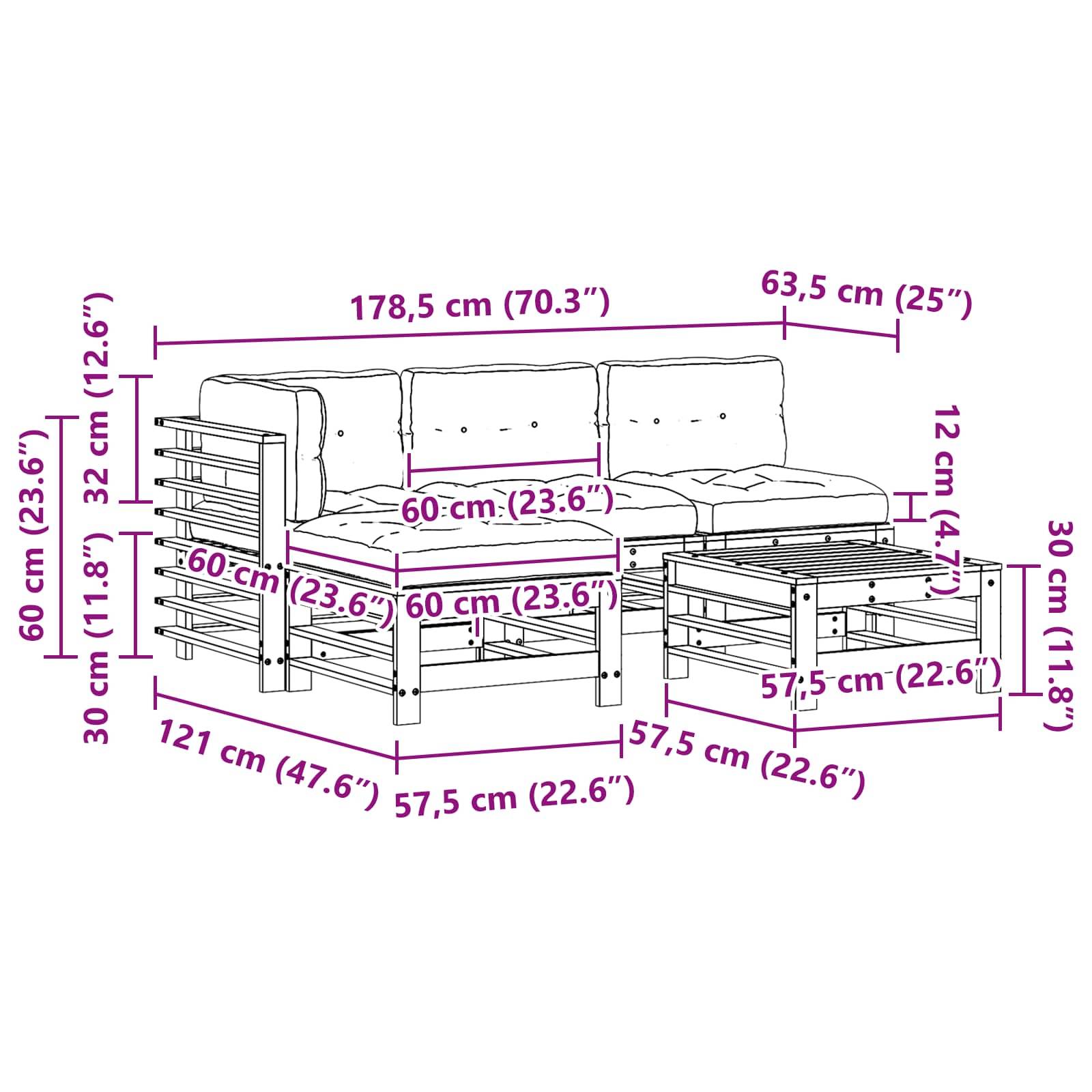 vidaXL Garten-Lounge-Set 5 pcs Wachsbraun Massives Kiefernholz