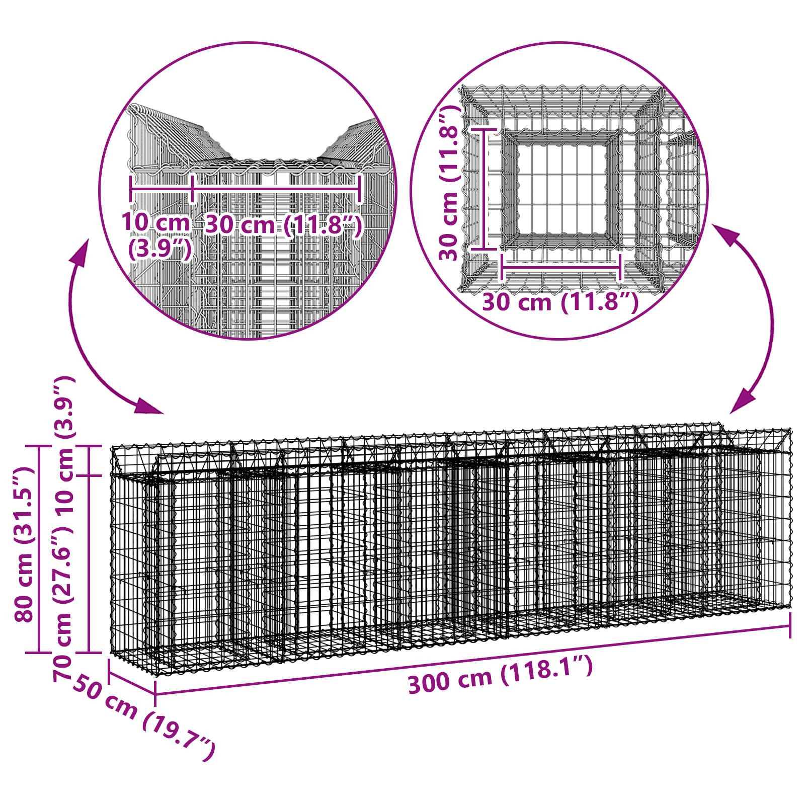 vidaXL Gabionen Hochbeet 2 pcs Silber 300 x 50 x 80 cm