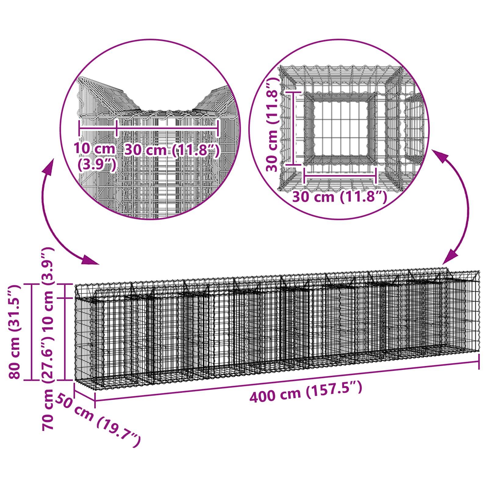 vidaXL Gabionen Hochbeet 3 pcs Silber 400 x 50 x 80 cm