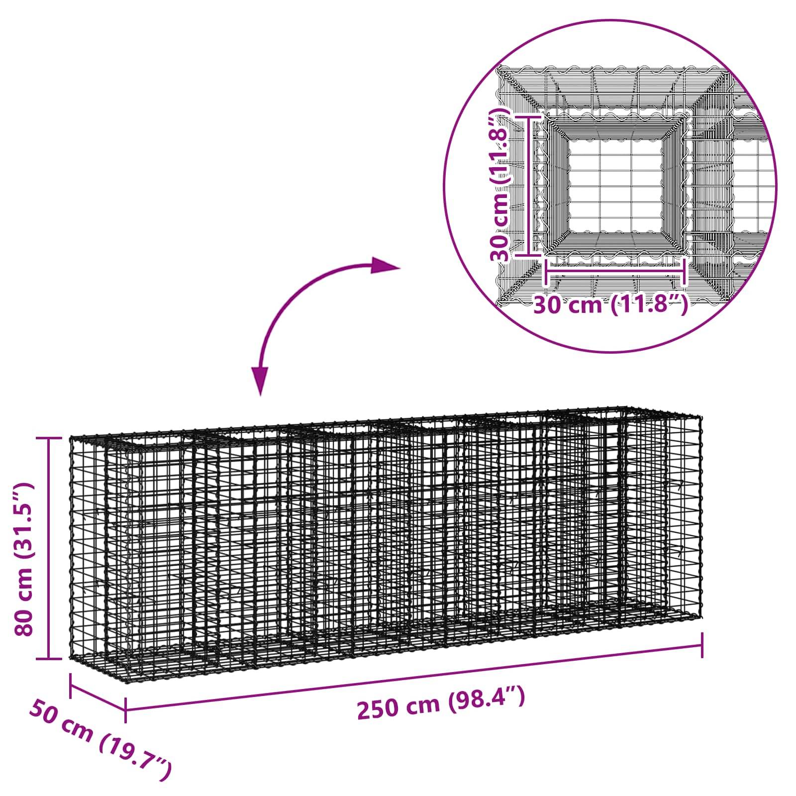 vidaXL Gabionen Hochbeet 2 pcs Silber 250 x 50 x 80 cm