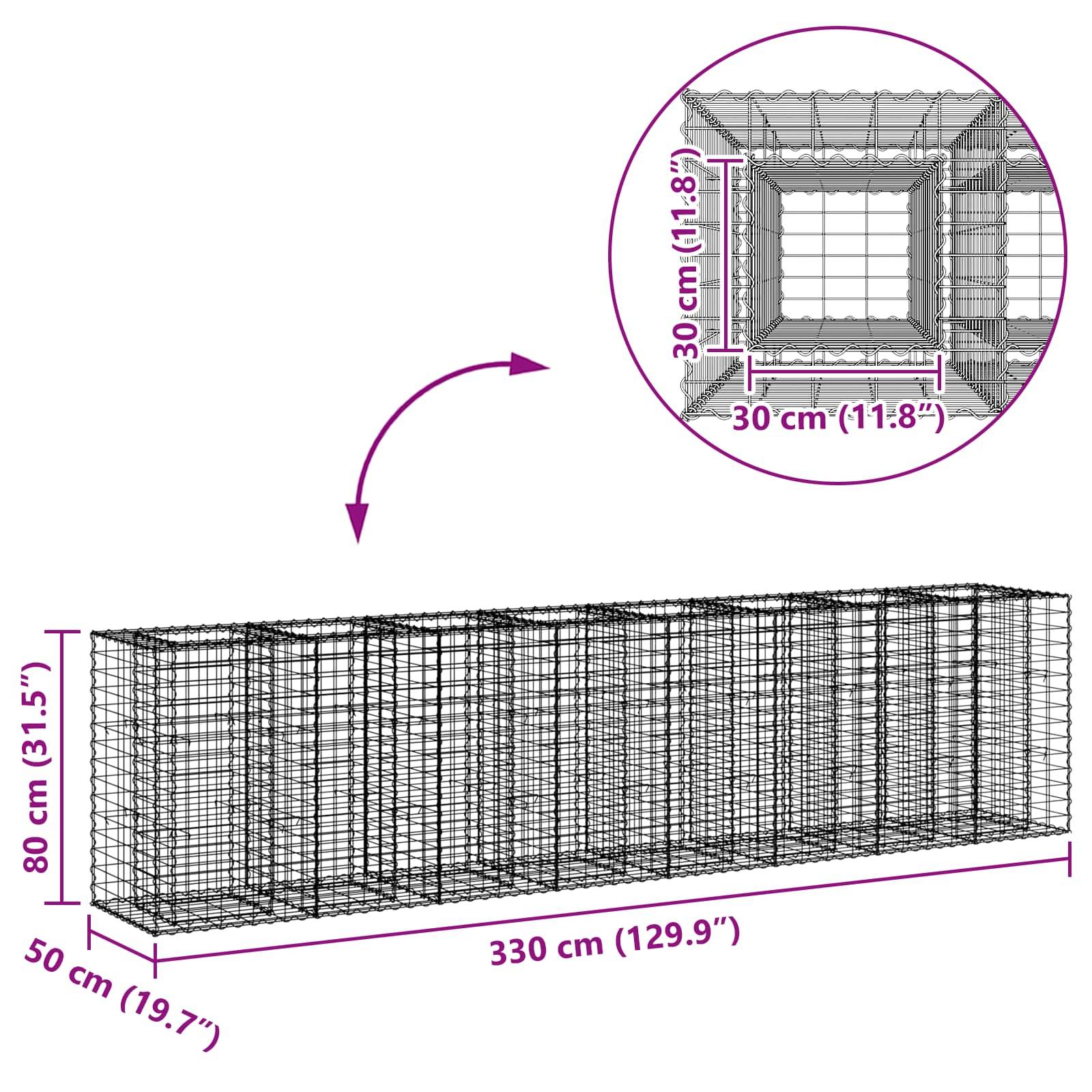 vidaXL Gabionen Hochbeet 2 pcs Silber 330 x 50 x 80 cm