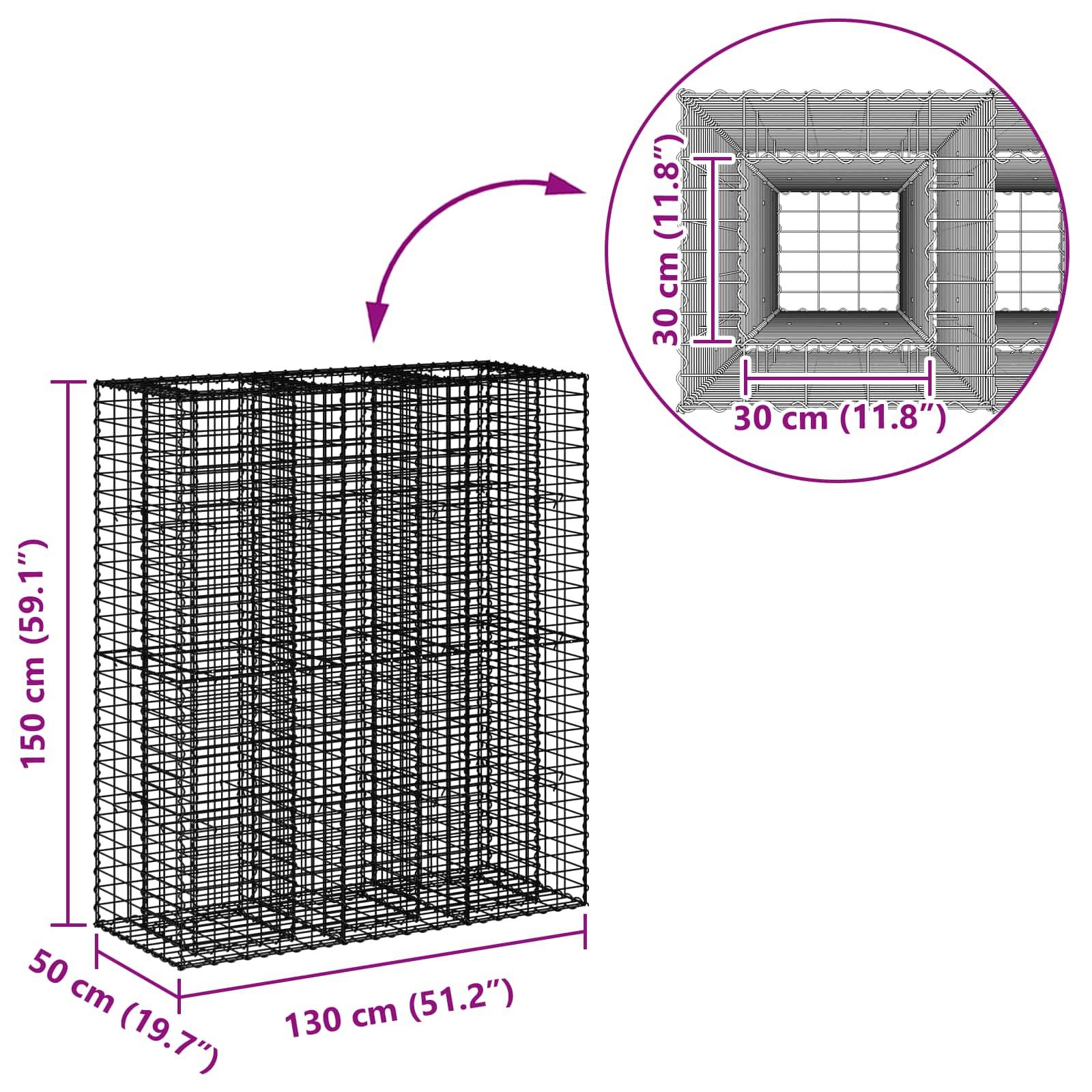 vidaXL Gabionen Hochbeet 2 pcs Silber 130 x 50 x 150 cm