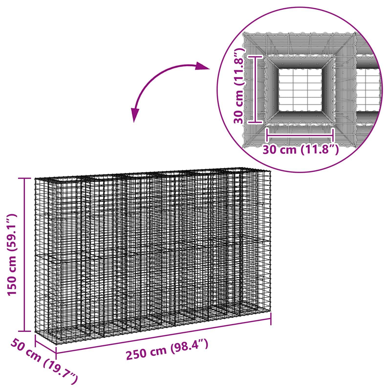 vidaXL Gabionen Hochbeet 3 pcs Silber 250 x 50 x 150 cm