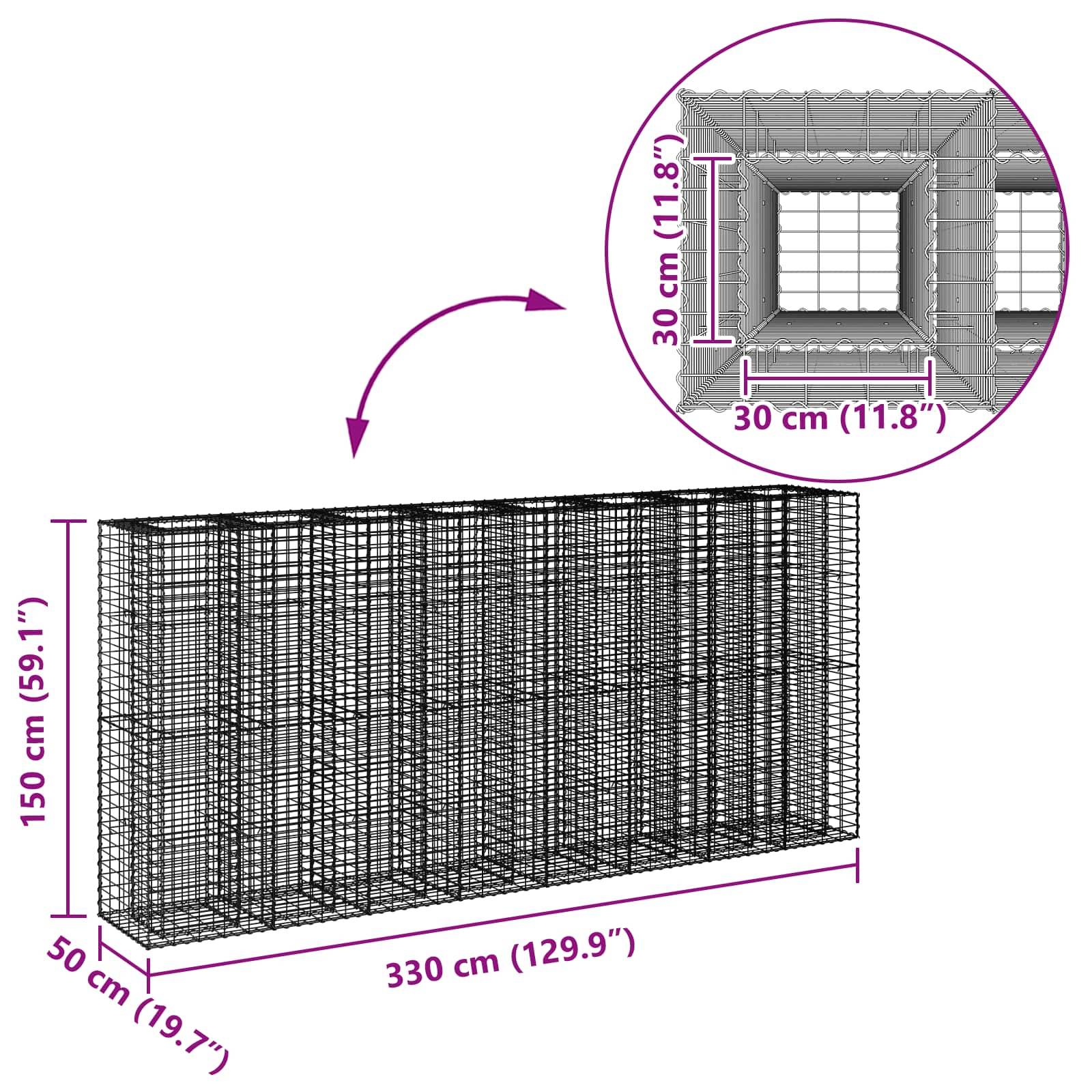 vidaXL Gabionen Hochbeet 4 pcs Silber 330 x 50 x 150 cm
