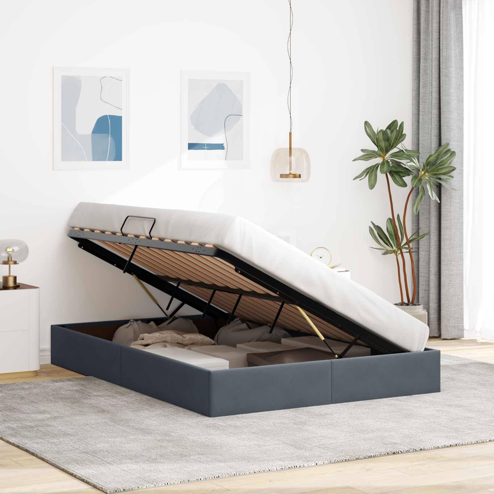 vidaXL Ottoman Bettgestell mit Speicher Dunkelgrau 140 x 190 cm Samt