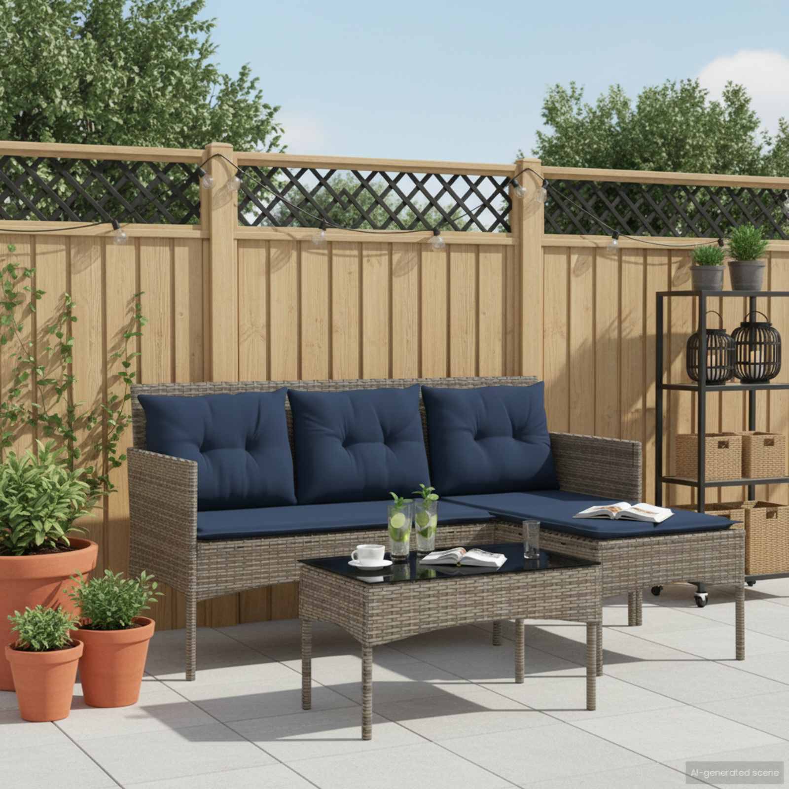 vidaXL Gartensofa-set mit Kissen 2 pcs Grau und Marineblau Poly-Rattan