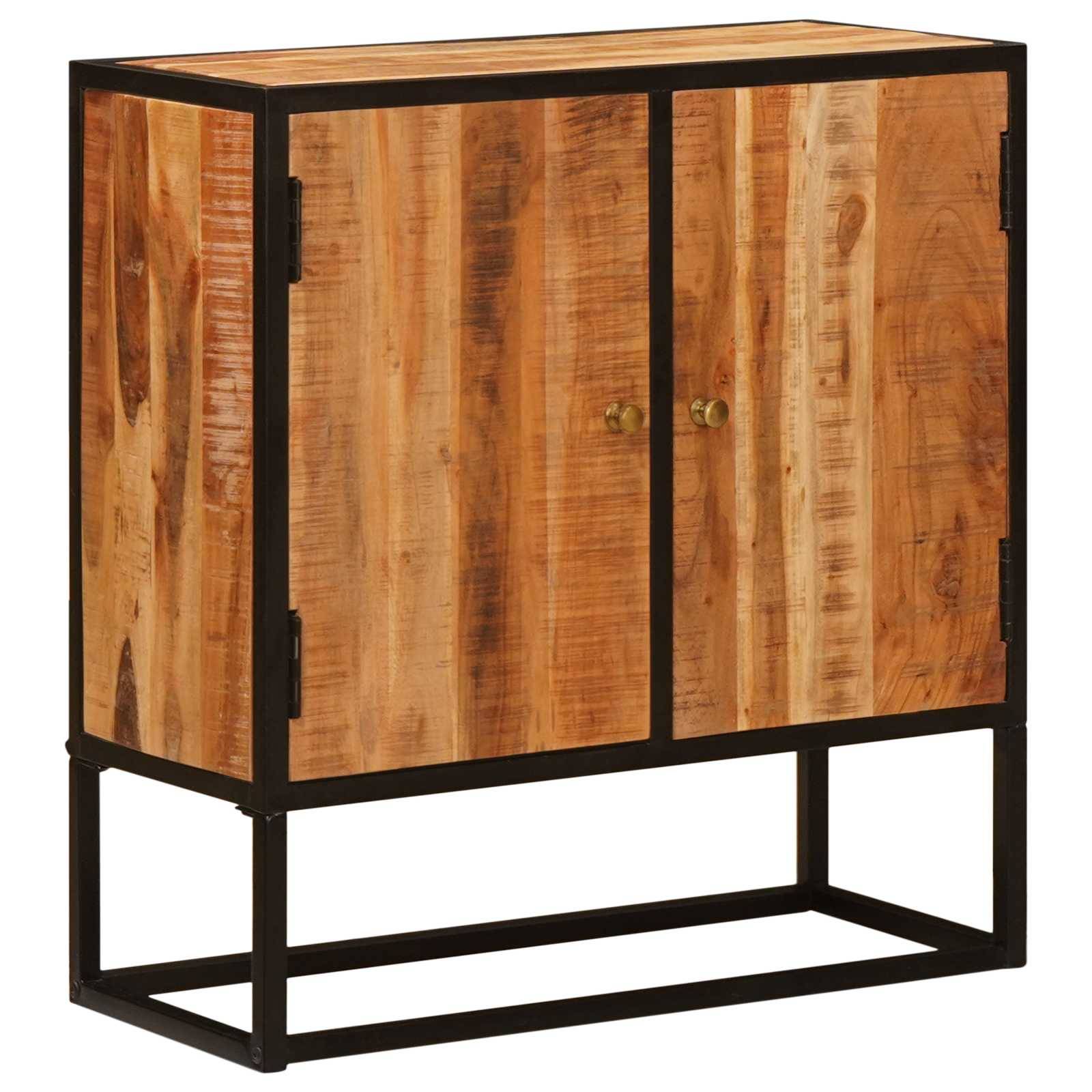Holzschrank mit Doppeltüren und schwarzem Metallrahmen-Ständer auf weißem Hintergrund.
