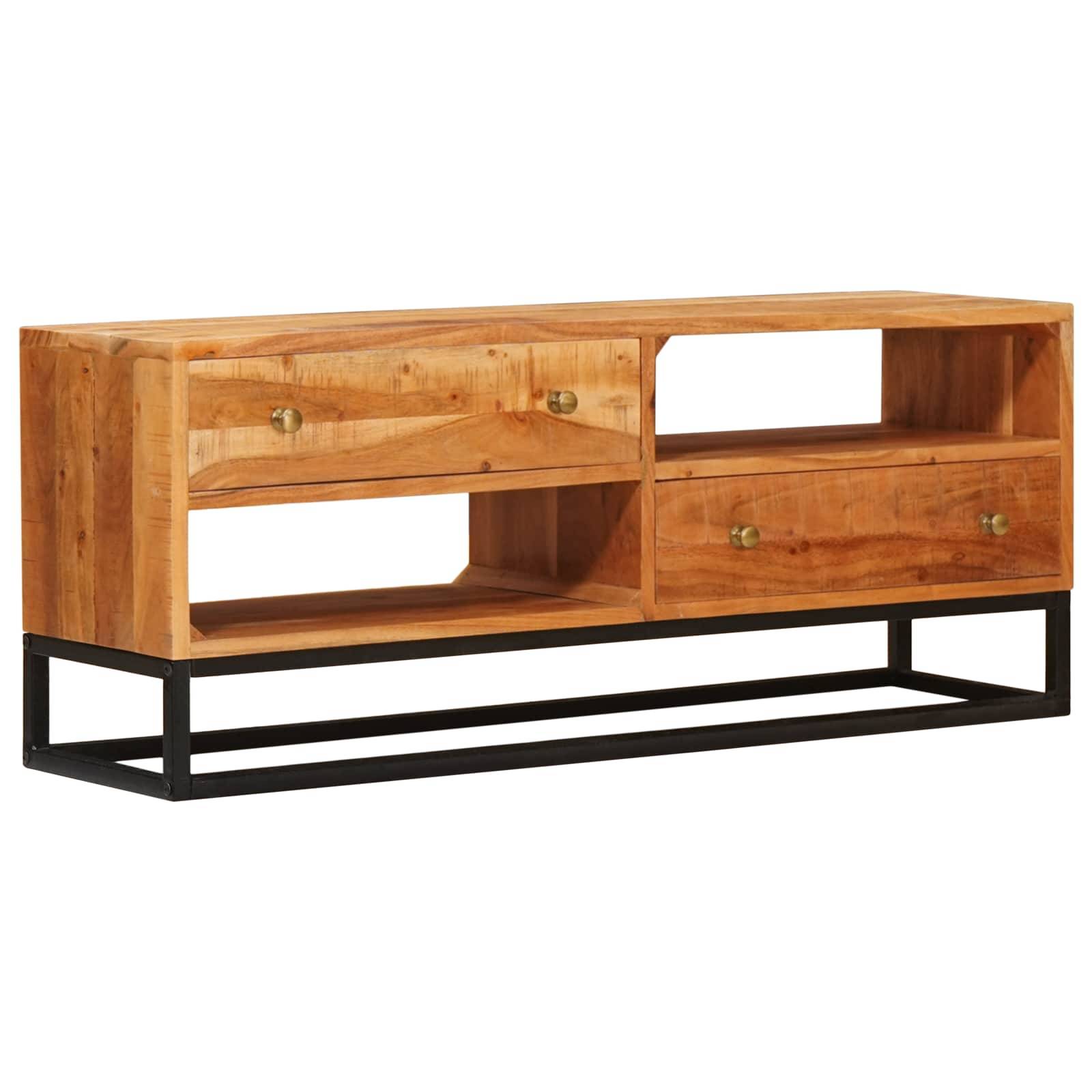Holz-TV-Konsole mit zwei Schubladen und offenen Regalen auf schwarzem Metallgestell, vor weißem Hintergrund dargestellt.