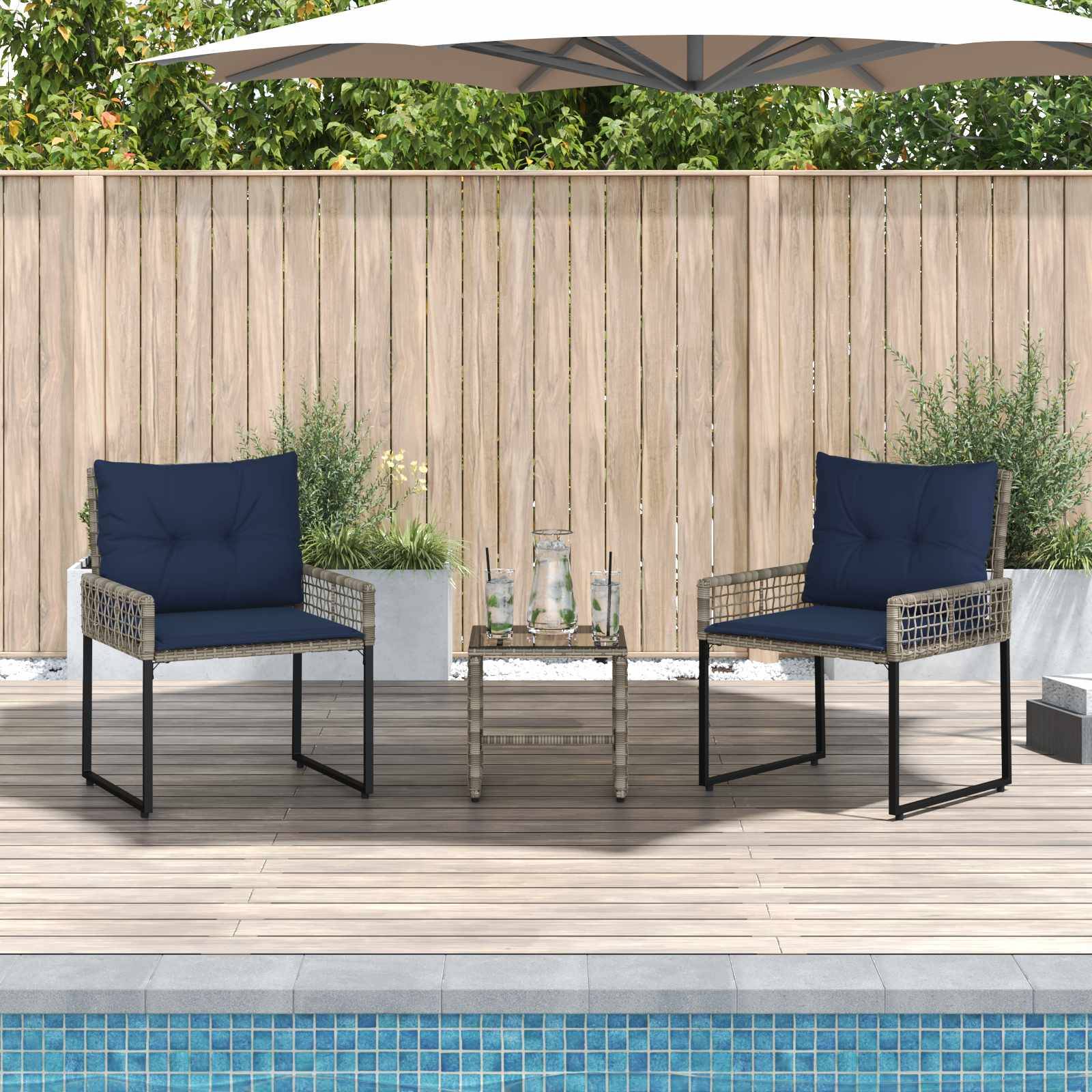 vidaXL Gartenmöbel-Set mit Kissen 3 pcs Grau und Marineblau