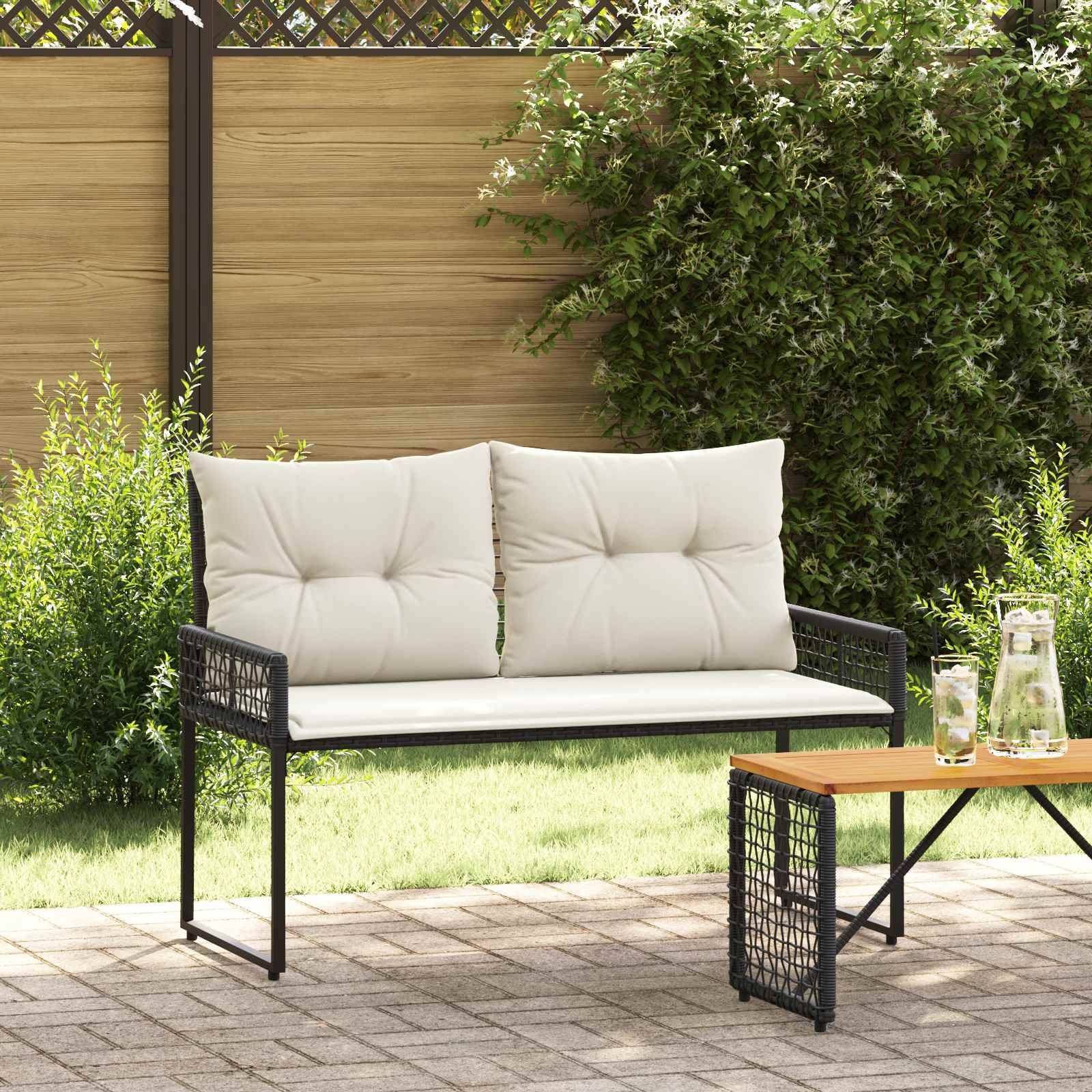 vidaXL Bank Outdoor mit Kissen Schwarz und Cremeweiß 118 x 55 x 82 cm