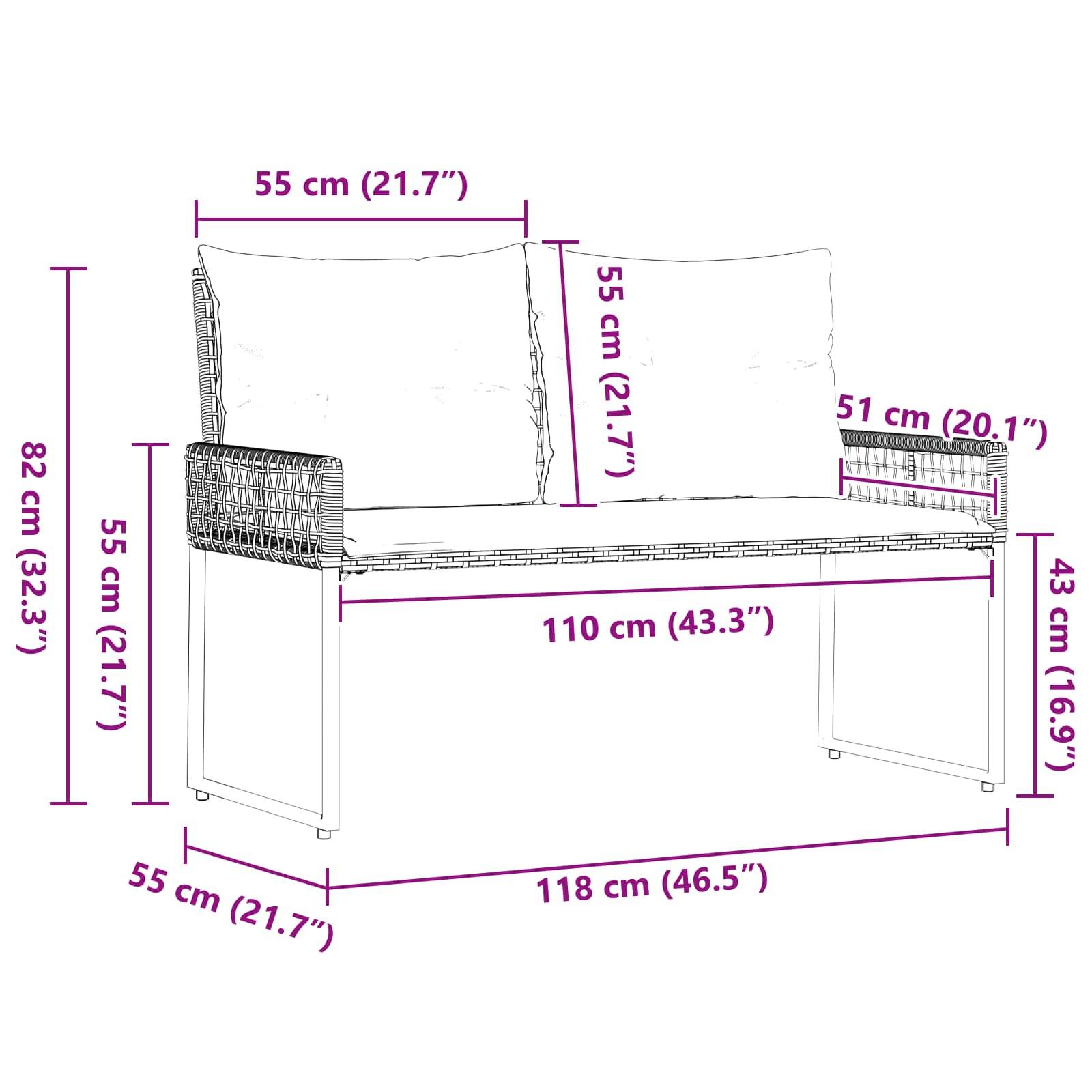 vidaXL Bank Outdoor mit Kissen Schwarz und Cremeweiß 118 x 55 x 82 cm
