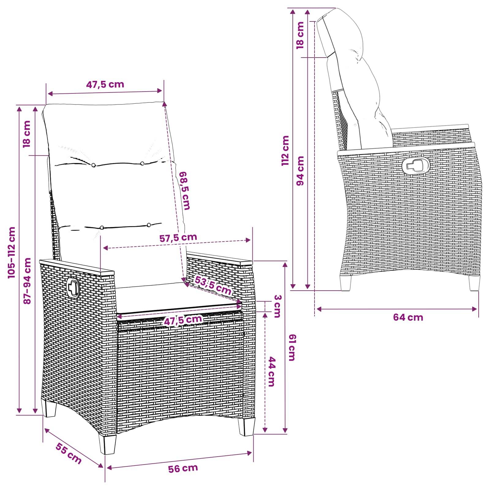 vidaXL Verstellbarer Gartenstuhl Schwarz und Creme 64 x 57,5 x 112 cm
