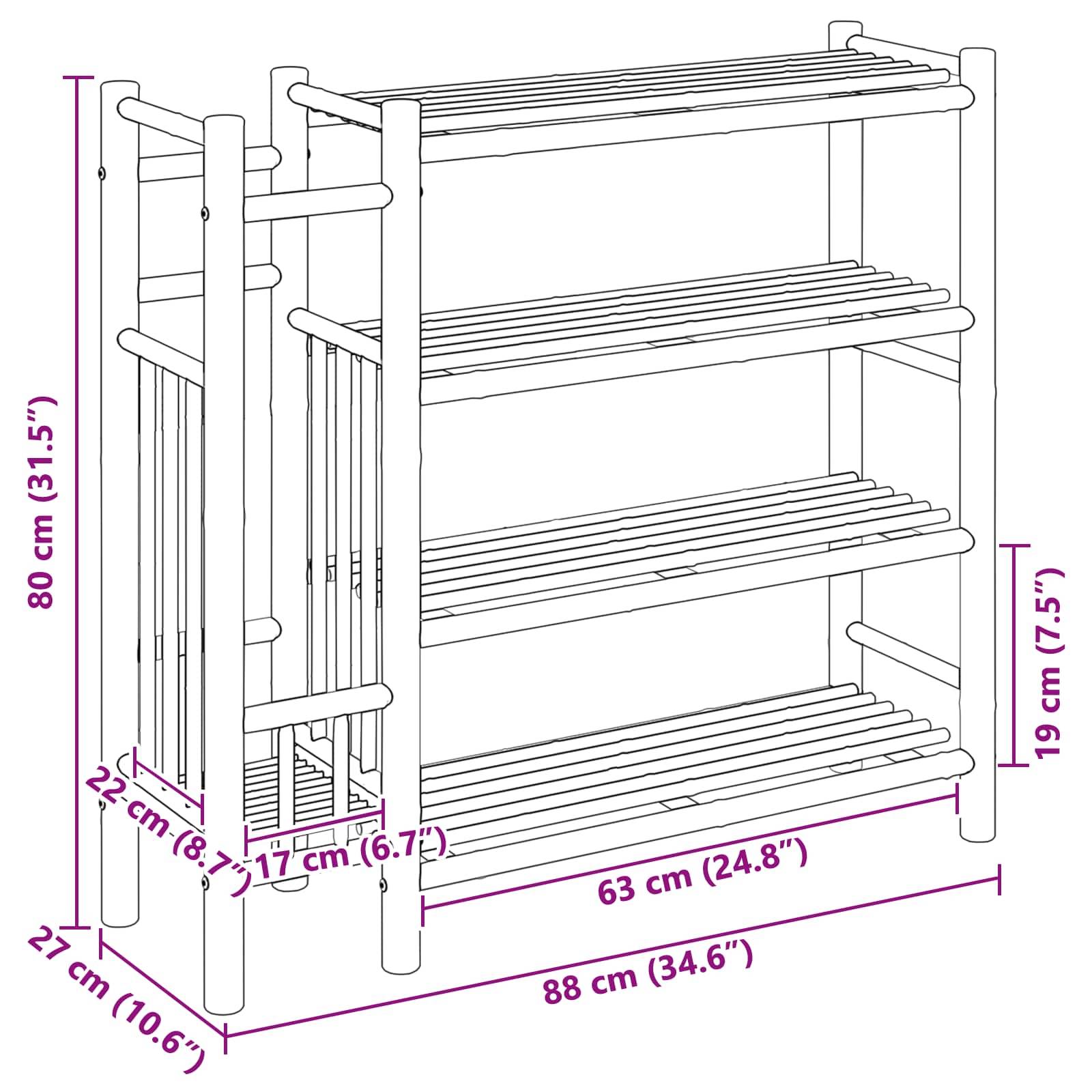 vidaXL Schuhregal mit Regal mit Speicher Natur 88 x 27 x 80 cm Bambus