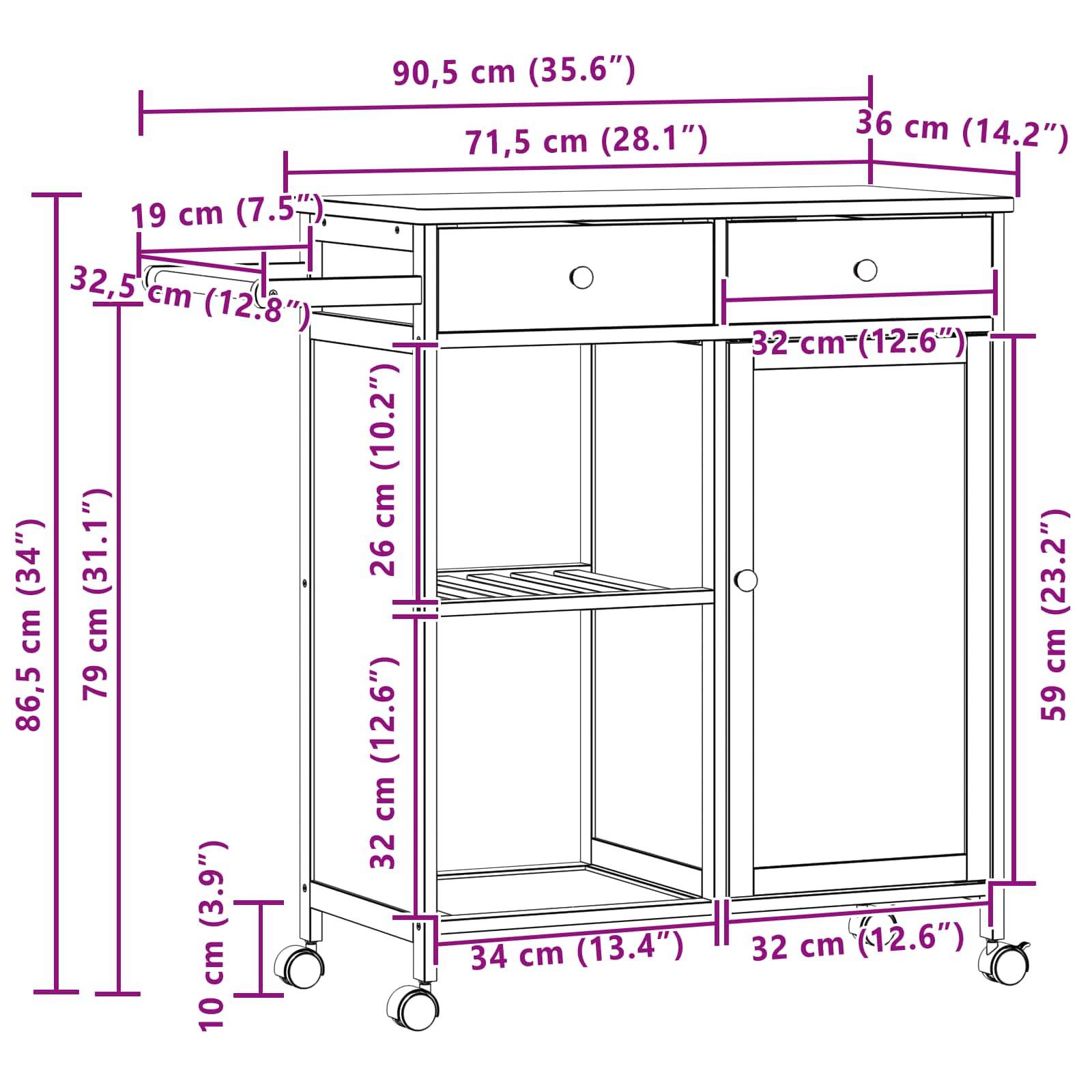 vidaXL Küchenwagen mit Rädern Natur 90,5 x 36 x 86,5 cm Bambus