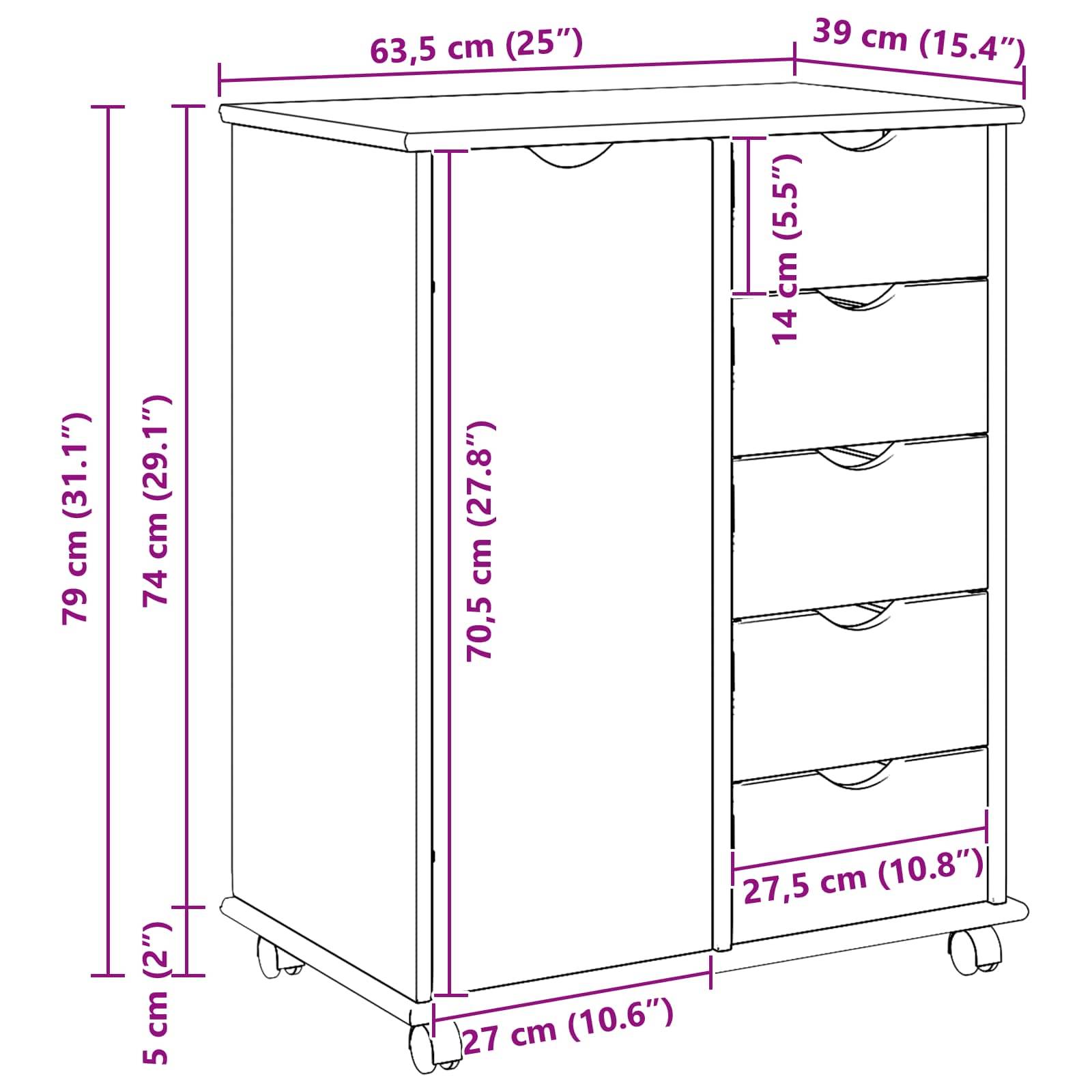 vidaXL Rollschrank Mit Rad Braun 63,5 x 39 x 79 cm Massivholz Kiefer