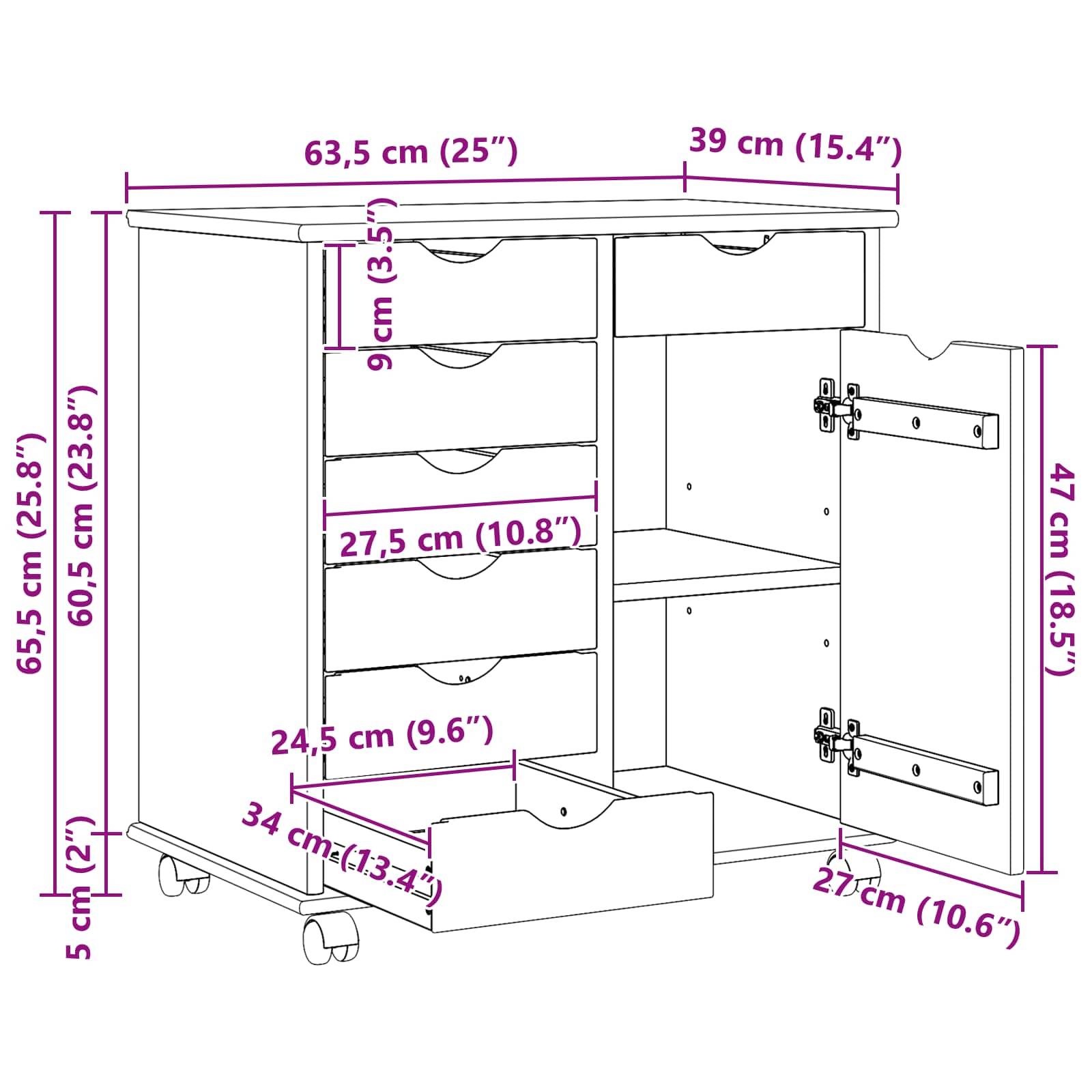 vidaXL Rollschrank Mit Rad Braun 63,5 x 39 x 65,5 cm Massivholz Kiefer