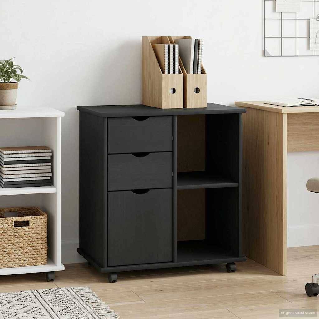Ein weißer, zweistöckiger Schrank auf Rollen mit offenen Türen, der ein Inneres mit einem horizontalen Regal offenbart, das den Raum unterteilt.