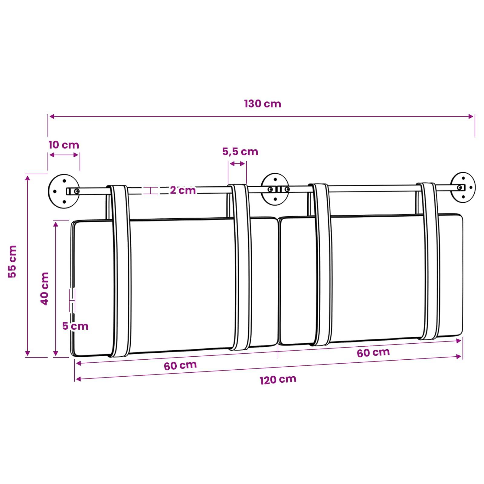 Diagramm eines wandgestützten Hängeregals oder Taschenshalters mit in Zentimetern beschrifteten Abmessungen, einschließlich 130 cm Breite und 55 cm Höhe insgesamt.