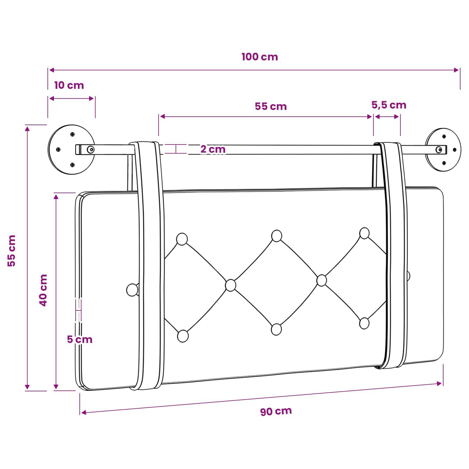 Technisches Diagramm eines wandmontierten rechteckigen gepolsterten Paneels mit Riemen, mit Abmessungen: 100 cm breit, 55 cm hoch, 90 cm Bodenlänge und kleinere Komponentenmessungen.