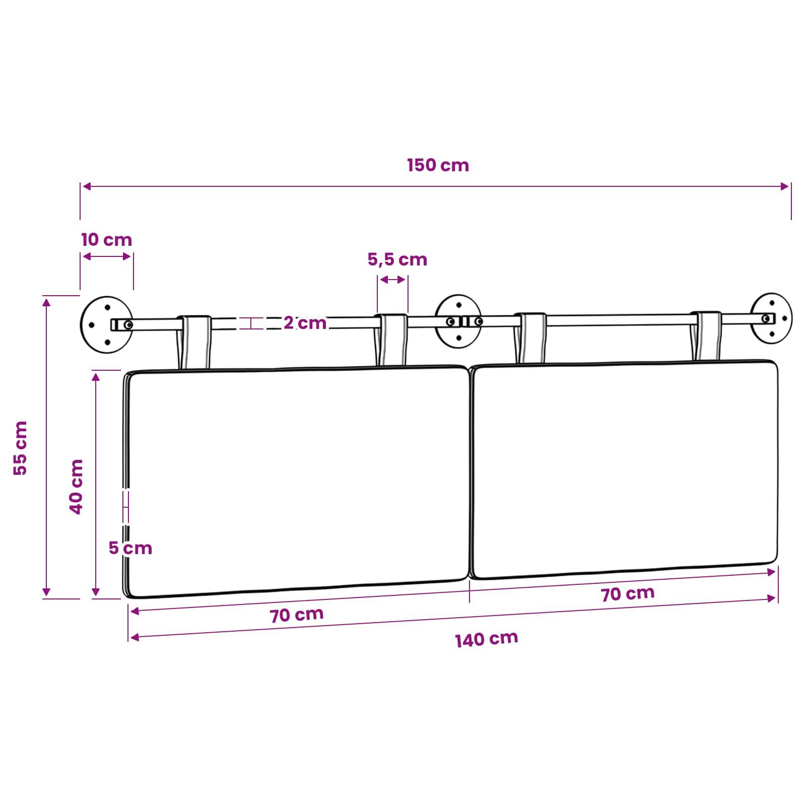 Technische Zeichnung von zwei nebeneinander angebrachten Paneelen, die auf einer Wandschiene montiert sind, mit Abmessungen: 150 cm Gesamtbreite, 55 cm Höhe, jedes Paneel 70 cm breit und 40 cm hoch, mit gekennzeichnetem Abstand der Halterungen.