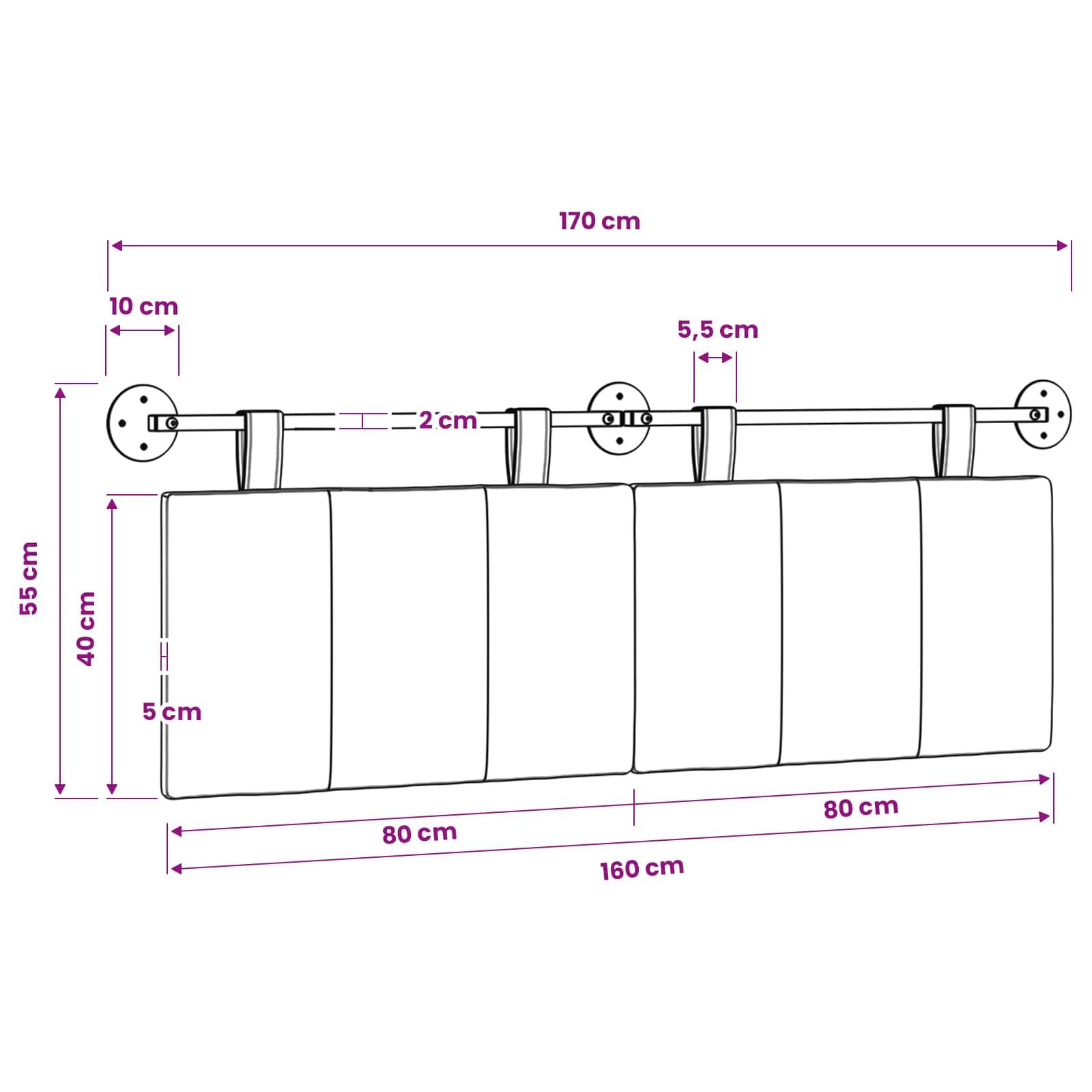 Technisches Diagramm eines fünfteiligen hängenden Vorhangs oder Kopfteils mit Installationsmessungen: 170 cm Breite, 55 cm Höhe, 160 cm Spannweite des Panels und Befestigungsabstände.