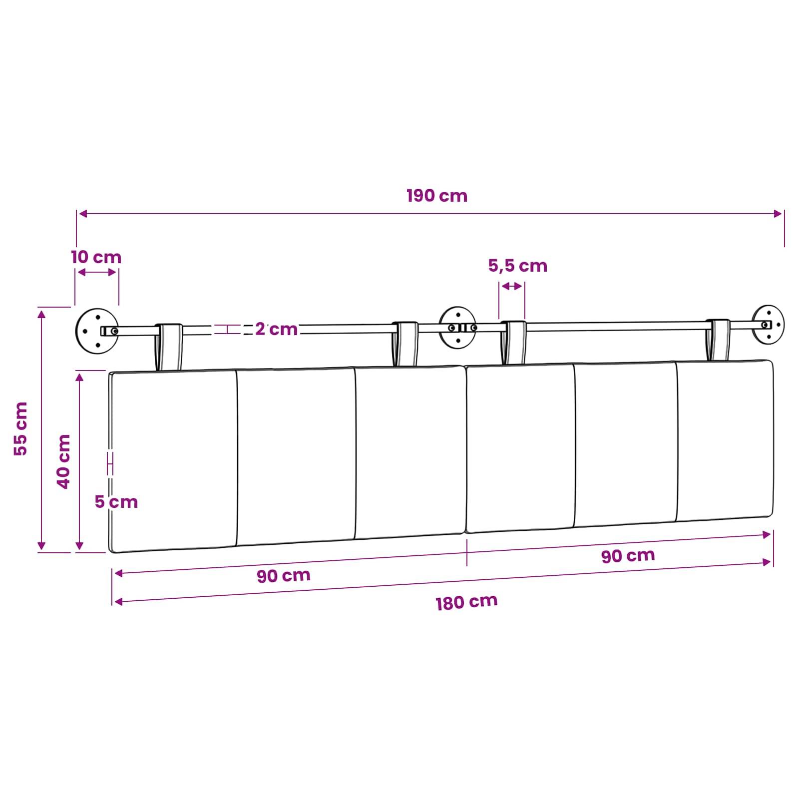 Technische Zeichnung eines wandmontierten Vorhang- oder Paneelsystems, das Gesamtabmessungen von 190 cm Breite und 55 cm Höhe zeigt, mit einer Spannweite von 180 cm und Panelabschnitten von 90 cm.