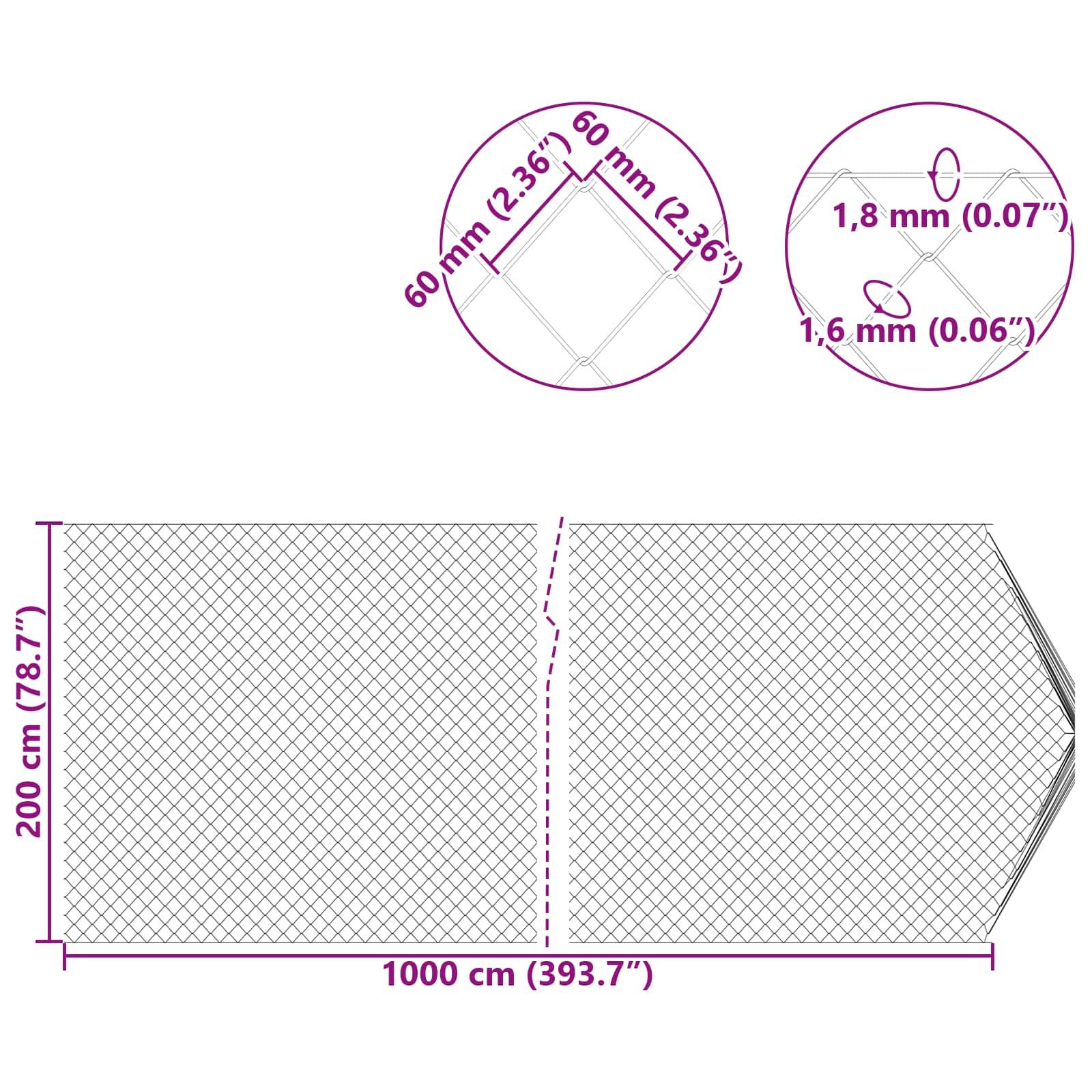 vidaXL Kettenzaun Verzinkt 2 x 10 m Glas