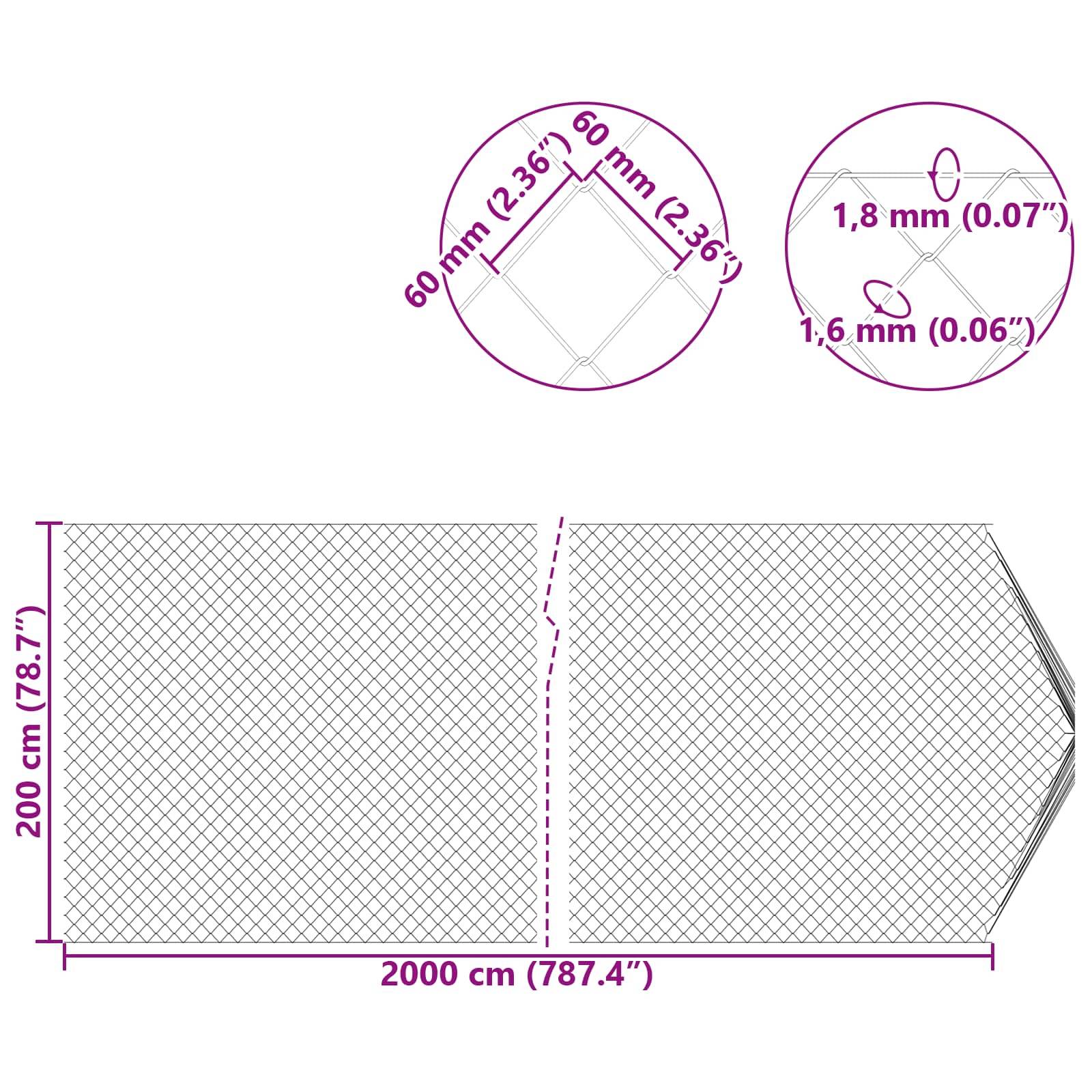 vidaXL Kettenzaun Verzinkt 2 x 20 m Glas