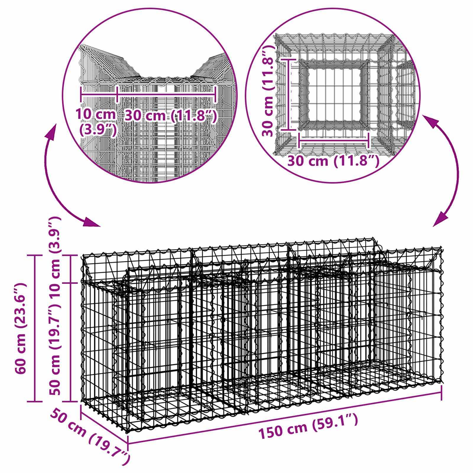 vidaXL Gabionen Hochbeet Silber 150 x 50 x 60 cm Verzinkter Stahl