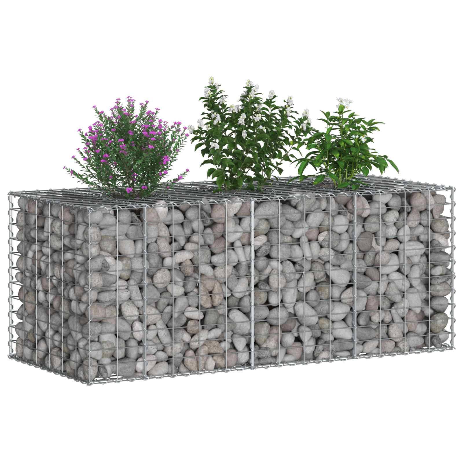Ein rechteckiger Drahtkorb gefüllt mit grauen Steinen, oben mit grünen Pflanzen und lila Blumen bestückt, verwendet als dekorativer Gartenpflanzer.