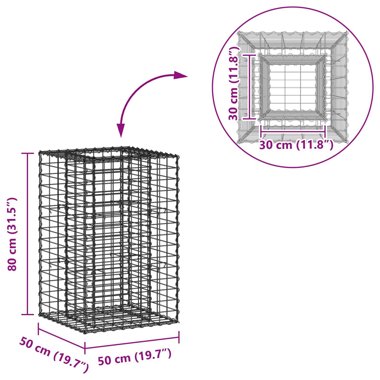 vidaXL Gabionen Hochbeet Silber 50 x 50 x 80 cm Verzinkter Stahl