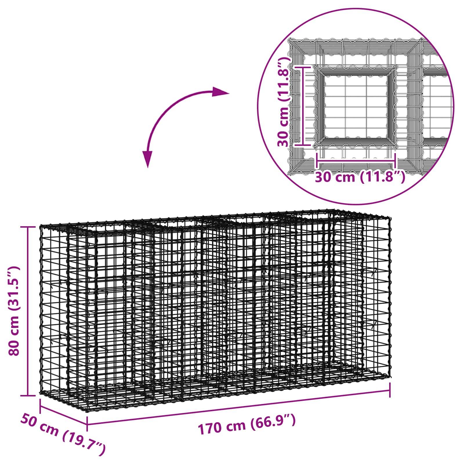 vidaXL Gabionen Hochbeet Silber 170 x 50 x 80 cm Verzinkter Stahl