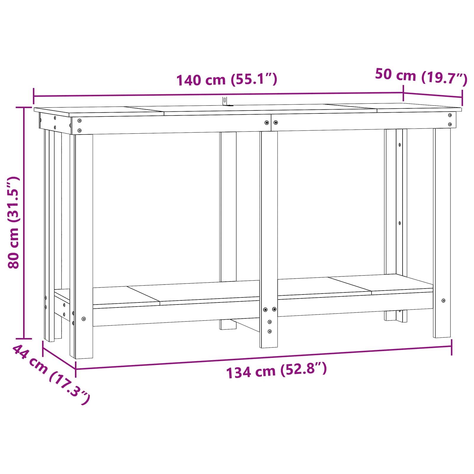 vidaXL Werkbank Wachsbraun 140 x 50 x 80 cm Massives Kiefernholz