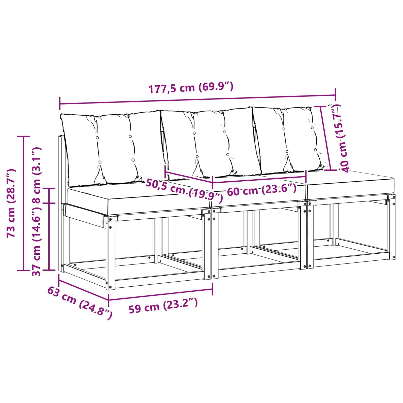 vidaXL 3 Stück Outdoor Mittelsofa