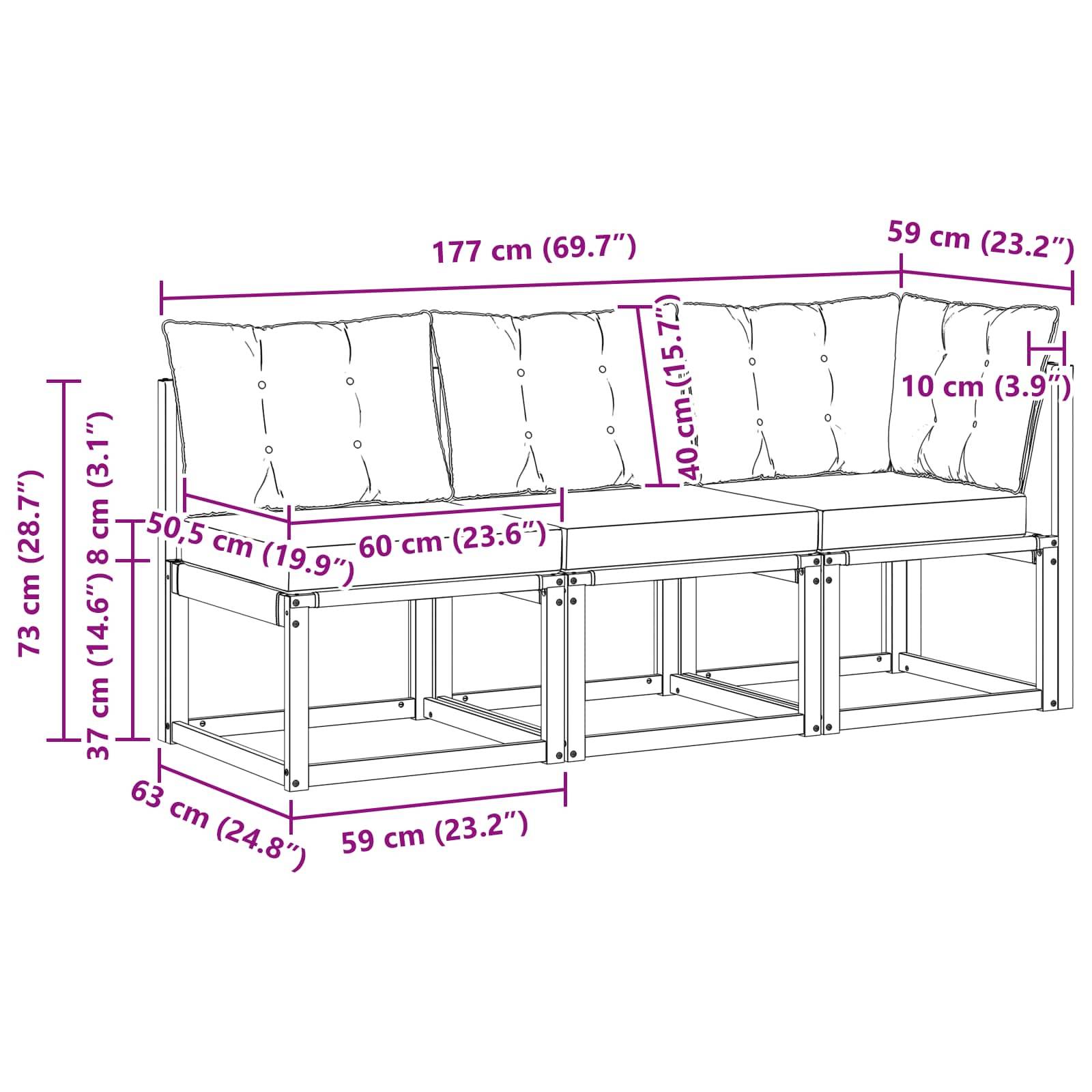 vidaXL Outdoor Mittel- und Ecksofa mit Kissen 3 Stück Natur