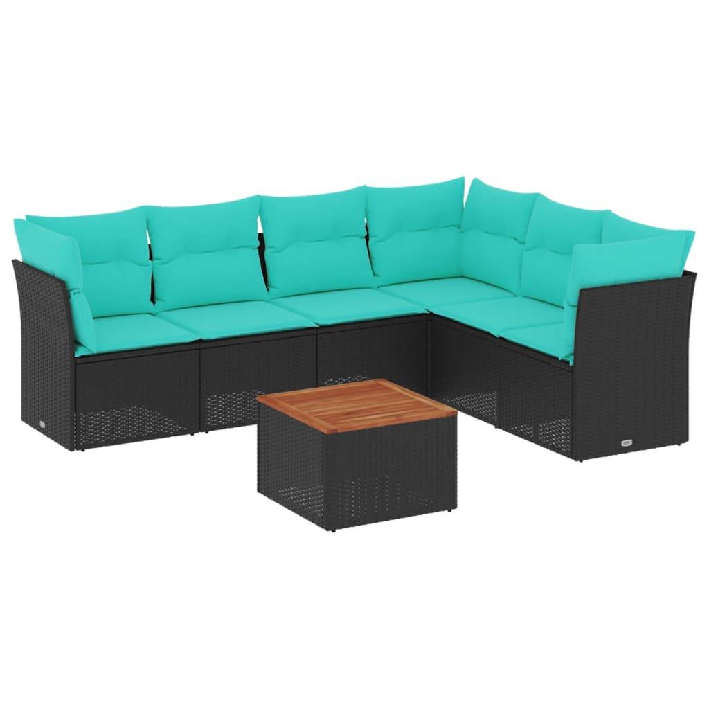 vidaXL 7-tlg. Garten-Sofagarnitur mit Kissen Schwarz Poly Rattan