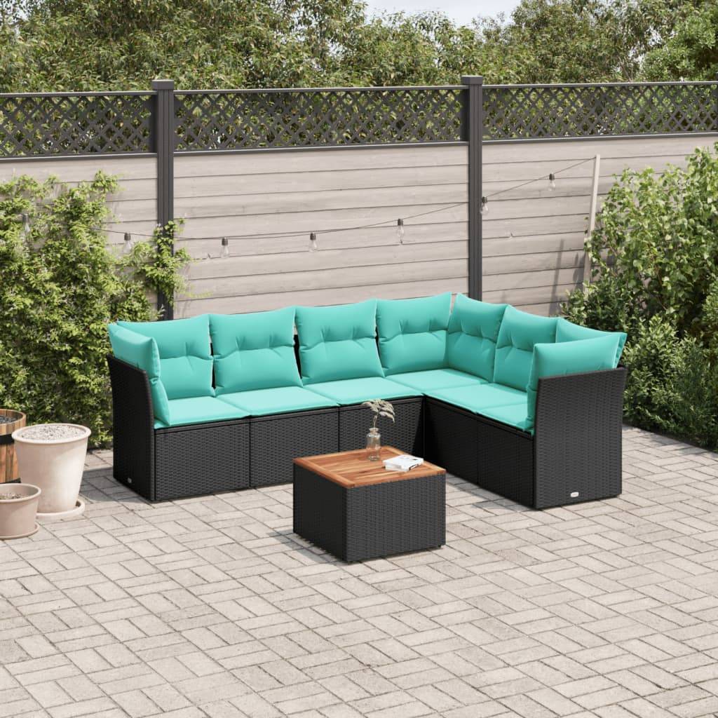vidaXL 7-tlg. Garten-Sofagarnitur mit Kissen Schwarz Poly Rattan
