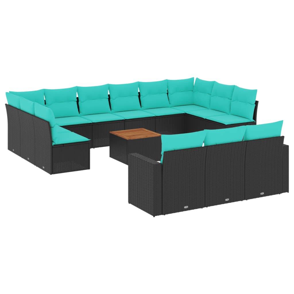 vidaXL 14-tlg. Garten-Sofagarnitur mit Kissen Schwarz Poly Rattan