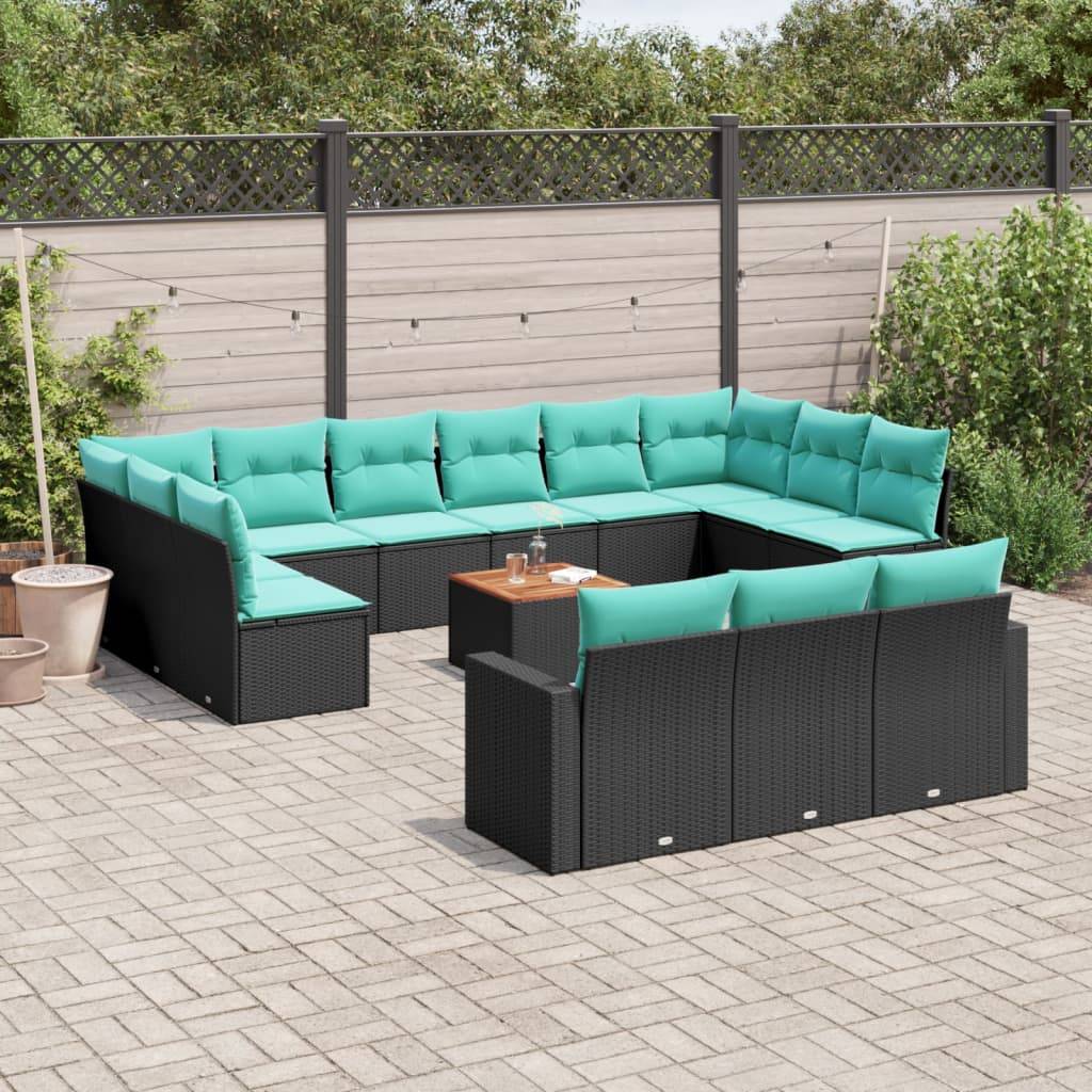 vidaXL 14-tlg. Garten-Sofagarnitur mit Kissen Schwarz Poly Rattan