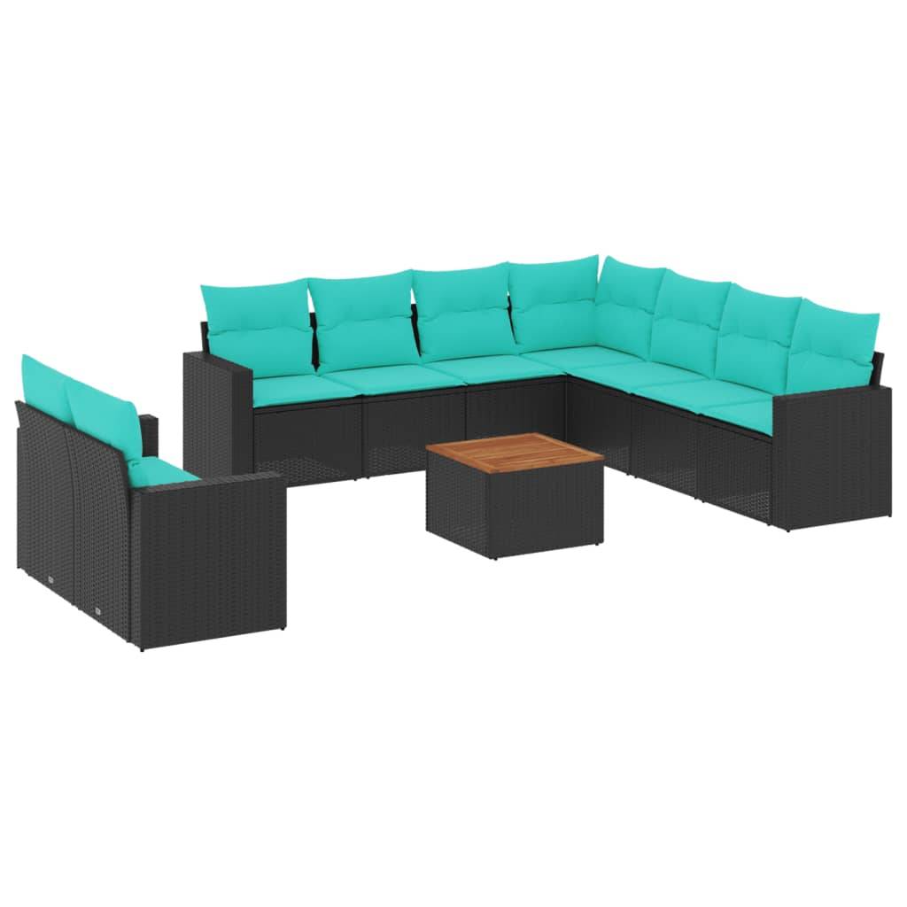 vidaXL 10-tlg. Garten-Sofagarnitur mit Kissen Schwarz Poly Rattan
