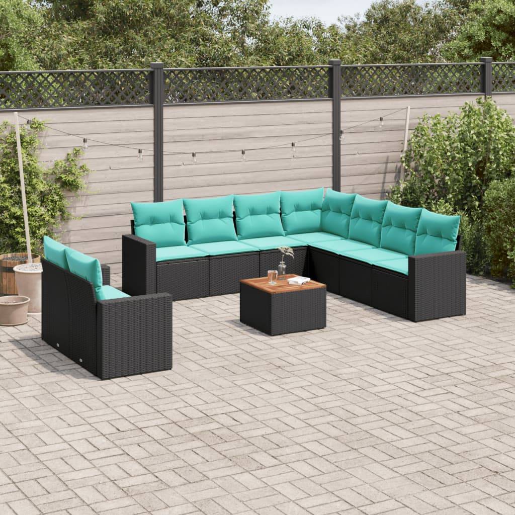vidaXL 10-tlg. Garten-Sofagarnitur mit Kissen Schwarz Poly Rattan