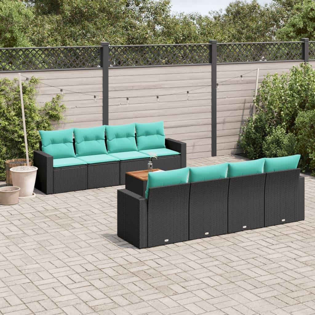 vidaXL 9-tlg. Garten-Sofagarnitur mit Kissen Schwarz Poly Rattan
