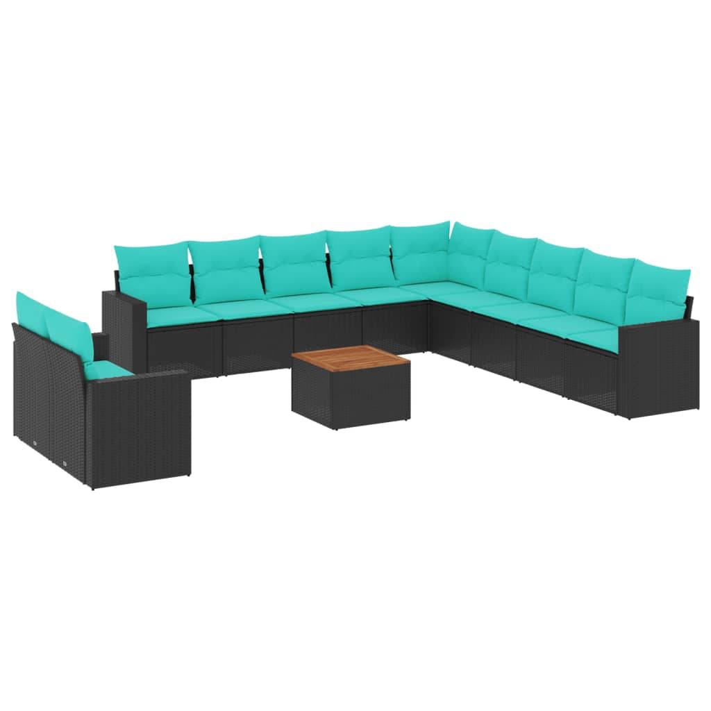vidaXL 12-tlg. Garten-Sofagarnitur mit Kissen Schwarz Poly Rattan