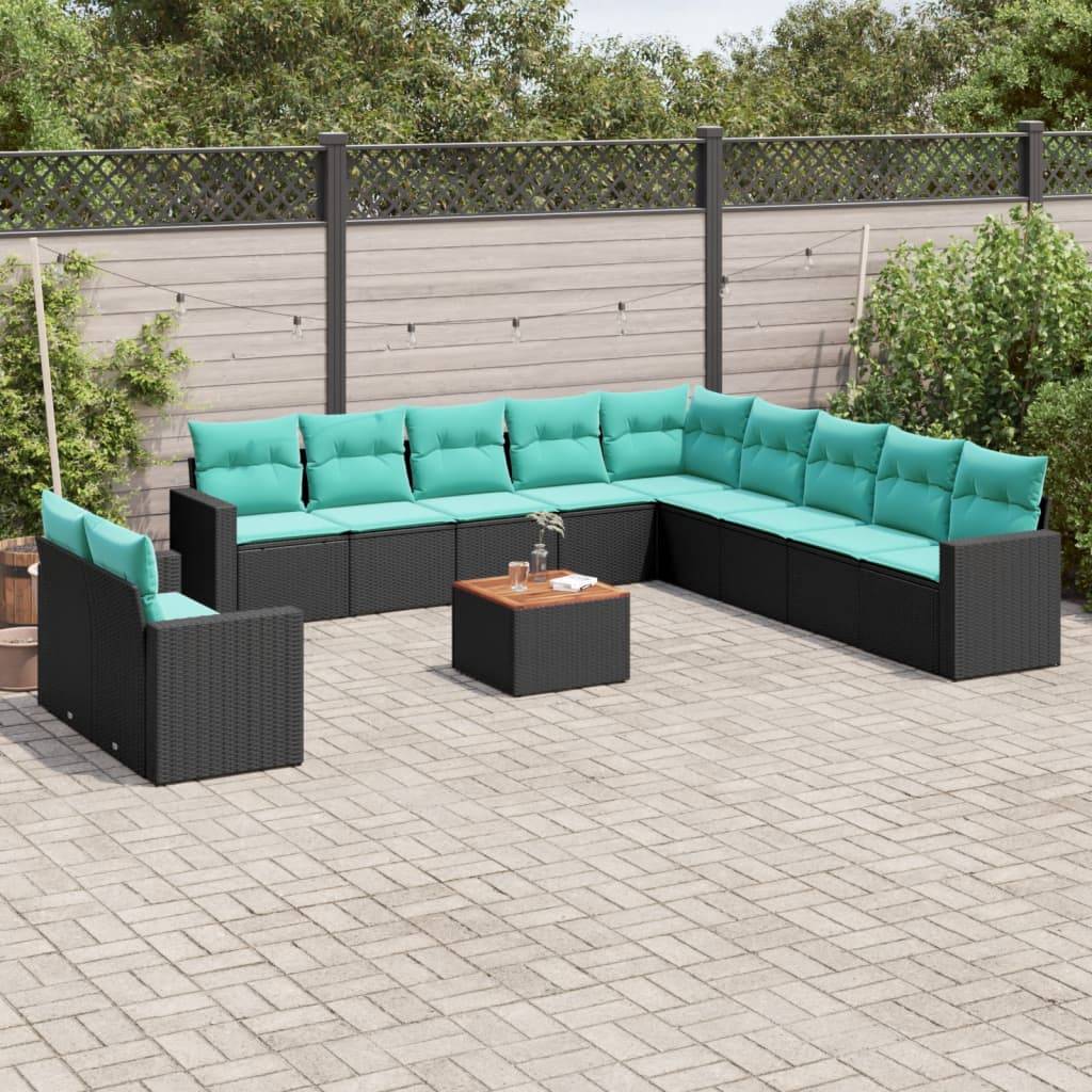 vidaXL 12-tlg. Garten-Sofagarnitur mit Kissen Schwarz Poly Rattan