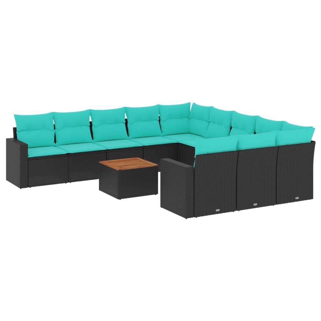 vidaXL 12-tlg. Garten-Sofagarnitur mit Kissen Schwarz Poly Rattan