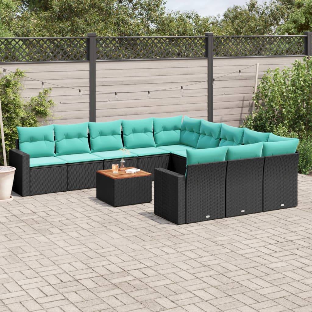 vidaXL 12-tlg. Garten-Sofagarnitur mit Kissen Schwarz Poly Rattan