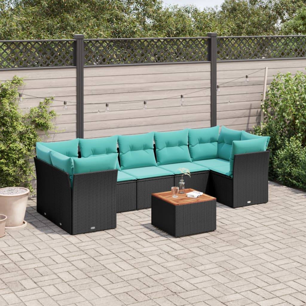 vidaXL 8-tlg. Garten-Sofagarnitur mit Kissen Schwarz Poly Rattan